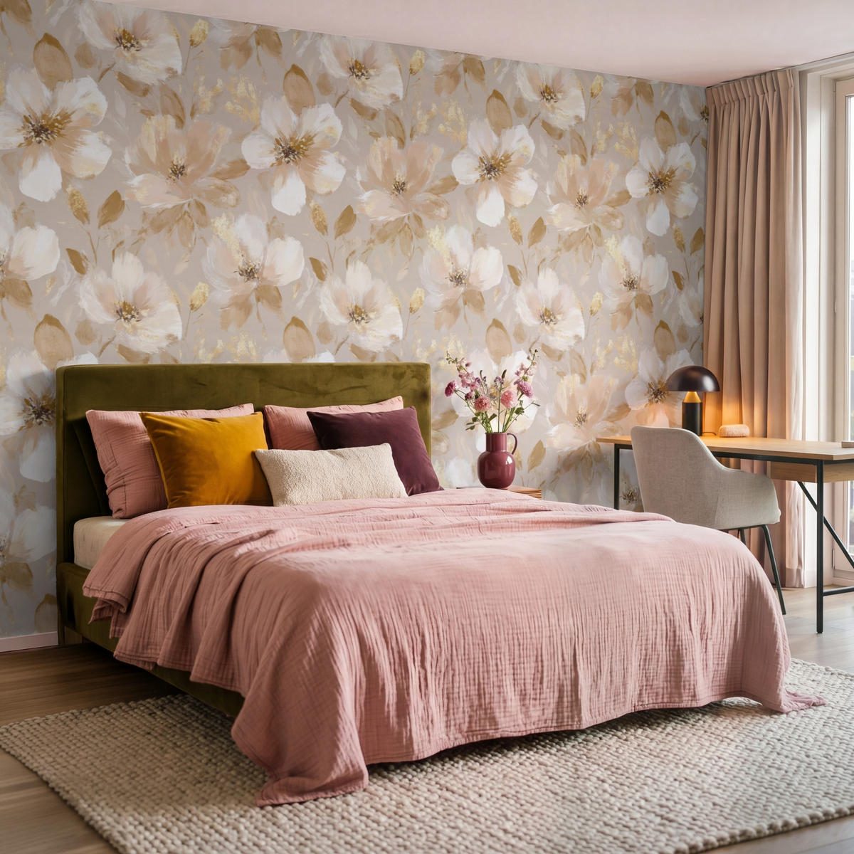TAPETE - Blumen - künstlerisch - Gold - 300x200 cm - Beige, Papier (300/200cm) - OnlyWow