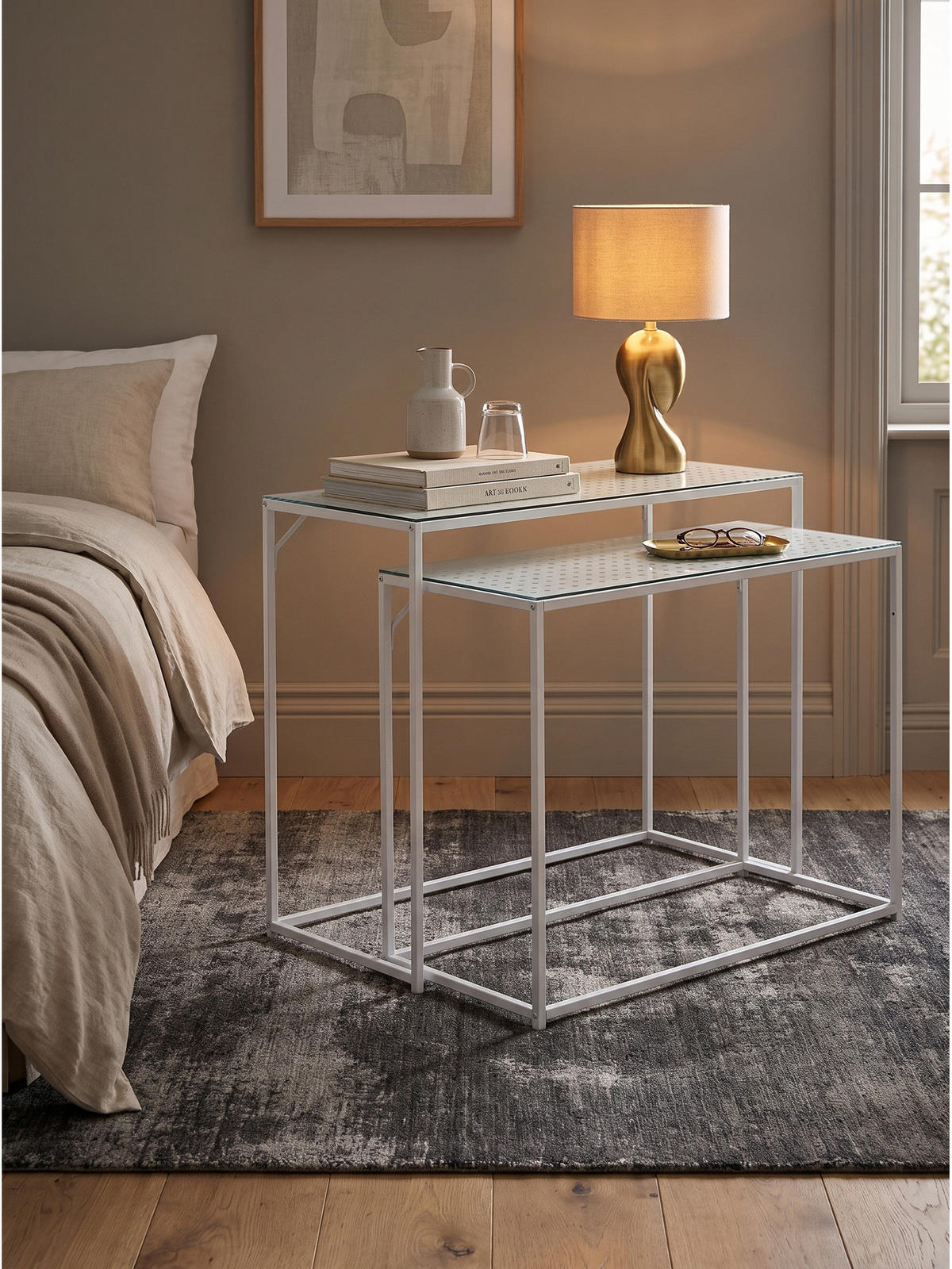 KONSOLENTISCHE 2er-Set ALCUDIA, Einscheibensicherheitsglas, Weiß, 100 x 40 x 77 cm - Weiß, Glas/Metall (40/100/77cm) - KADIMA DESIGN