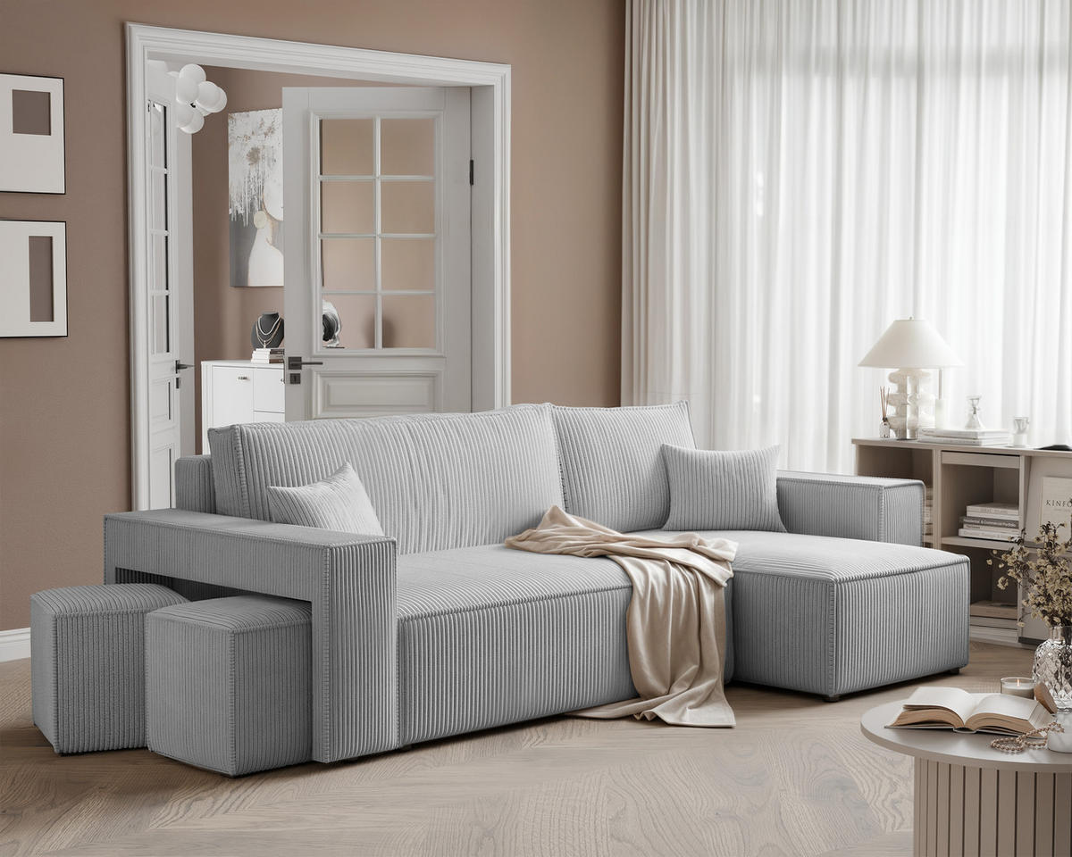 ECKSOFA PARIS mit Schlaffunktion und Bettkasten Grau - Grau, Holzwerkstoff/Kunststoff (262/145cm) - Idohome
