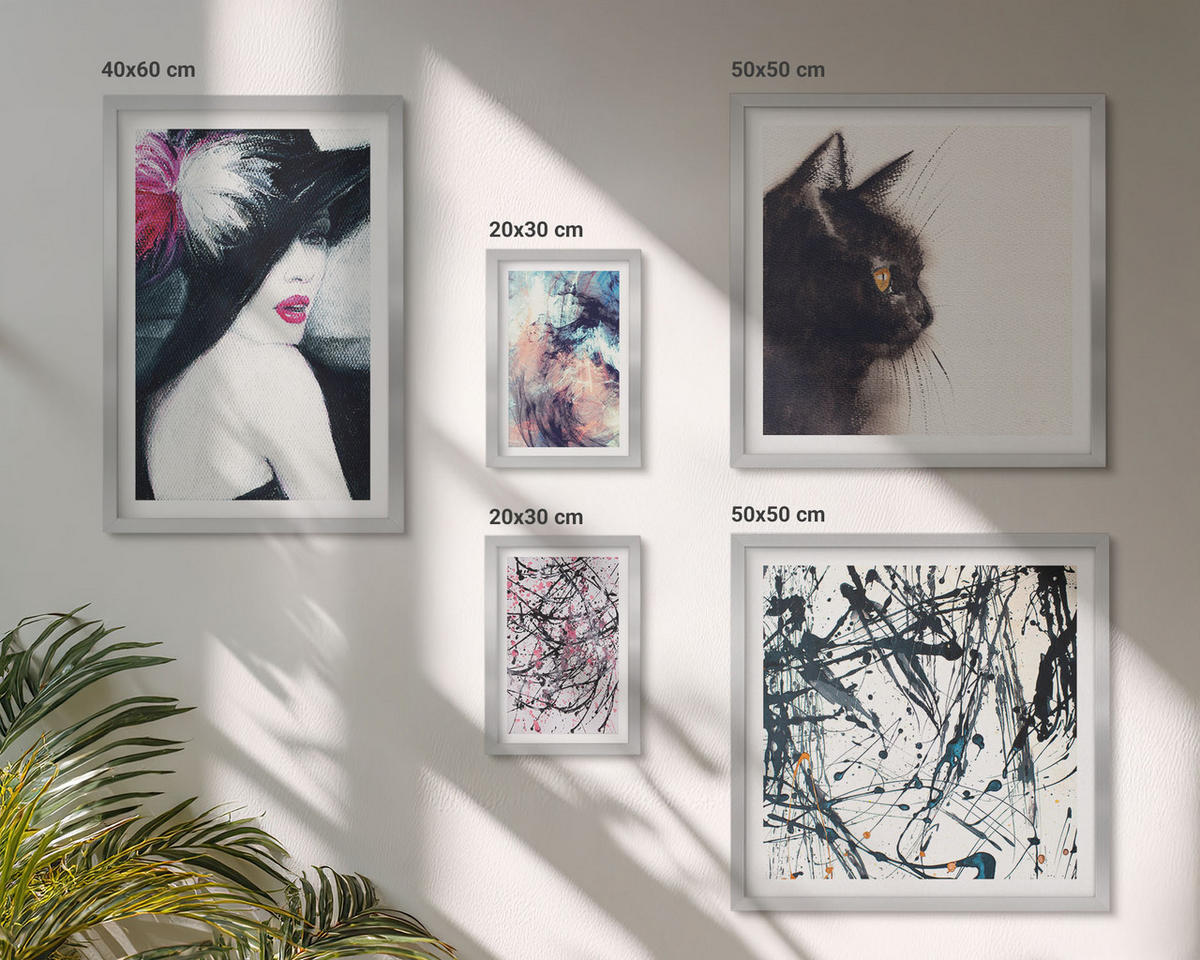 BILDER SET 5er Set - 50x50 cm & 20x30 cm & 40x60 cm Silberner Rahmen - Hintergrundmuster mit Pastellblumen - Silberfarben, Kunststoff (40/60cm) - TULUP