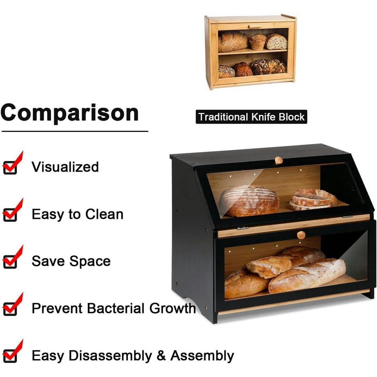 BROTKASTEN 2 Etagen Bambus Schwarz 39 cm - Schwarz, Naturmaterialien (25/32/39cm)