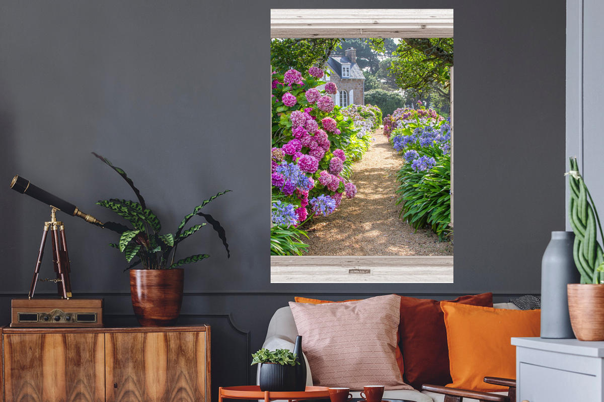 WANDTATTOO Hortensie - Fensterblick - Blumen - Sommer - Lila - Weg 80x120 cm - Lila, Kunststoff (80/120/0.1cm) - MuchoWow