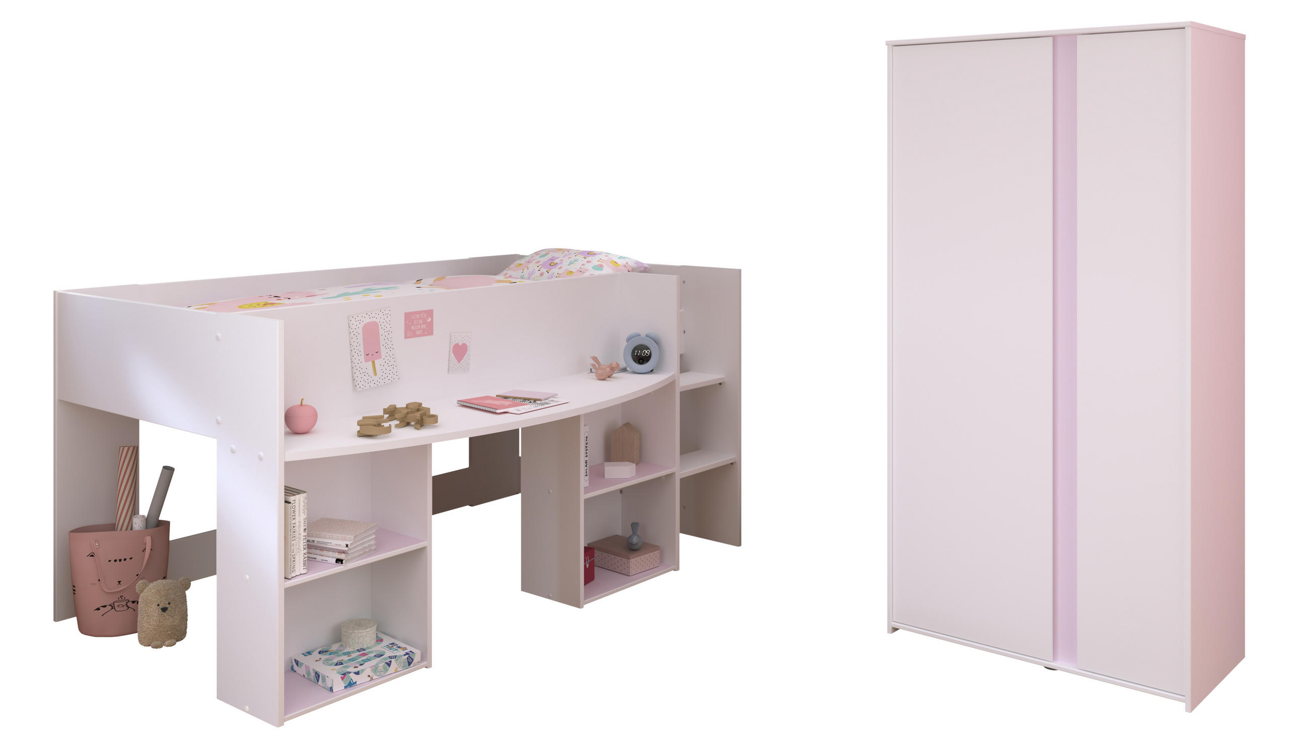 JUGENDZIMMER Pirouette 14 in Weiß mit Rosa oder Kieselgrau 2 teilig mit Hochbett - Weiß, Holzwerkstoff (120/200/80cm)