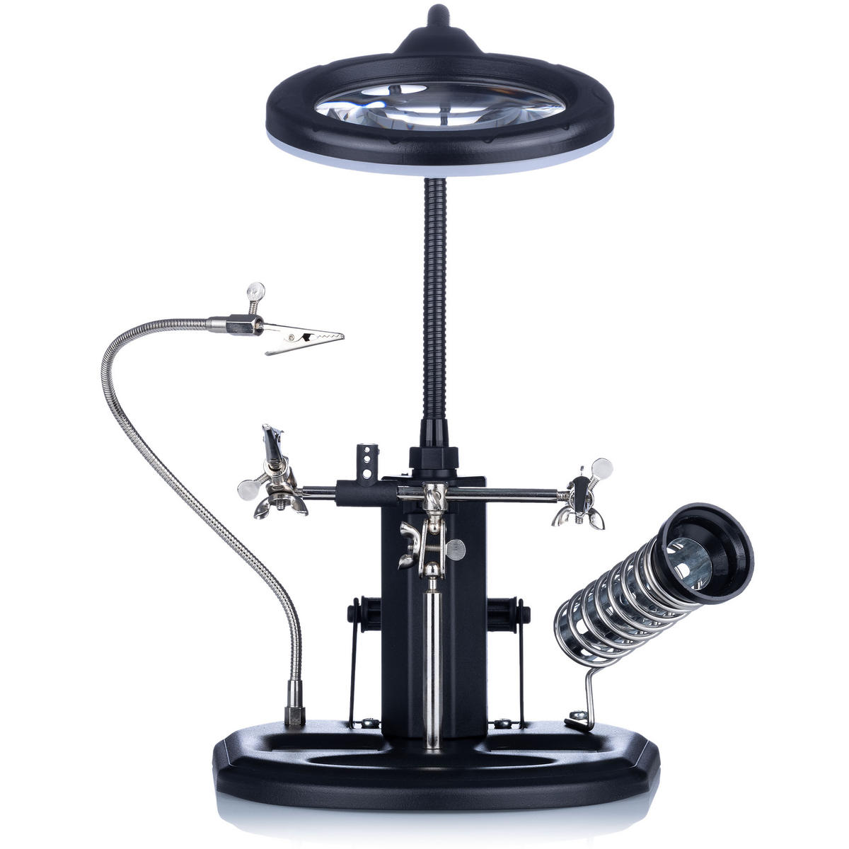 HALTER TE-802 - Dritte Hand mit Lupe, Lötkolbenhalter, Lötzinnbehälter, LED dimmbar, Ø85 mm, 2,5x/4x, USB/4x AA - Multicolor, Kunststoff/Metall (18/20/19cm)