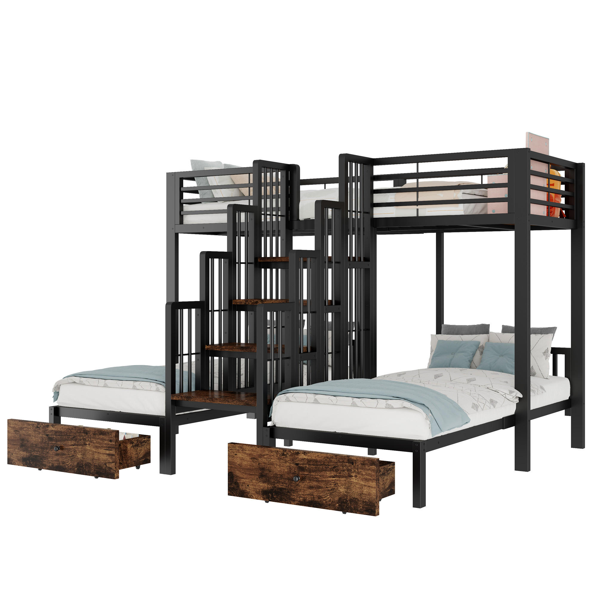 ETAGENBETT aus Metall und Holz 90x200 cm Schwarz mit Treppe, Sicherheitsgeländern und 2 Schubladen - Schwarz, Metall (90/200cm) - Modfu