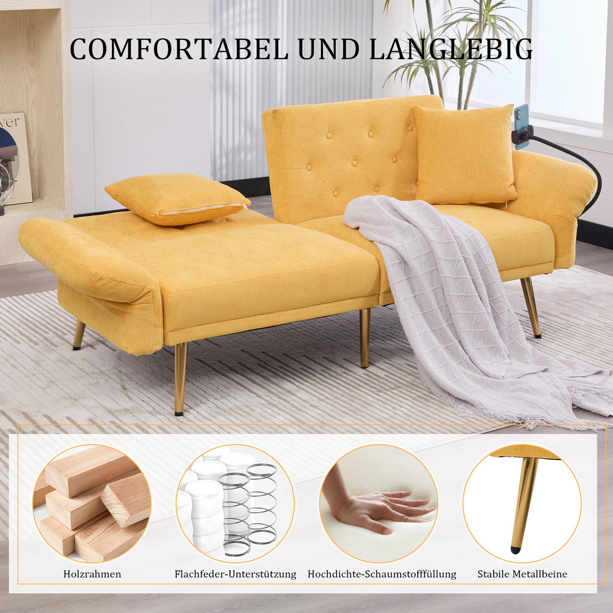 SCHLAFSOFA 2-Sitzer Chenille mit 3-fach verstellbarer Rückenlehne und USB-Anschluss Gelb 173/78/78 cm - Gelb, Textil (78/78/173cm)