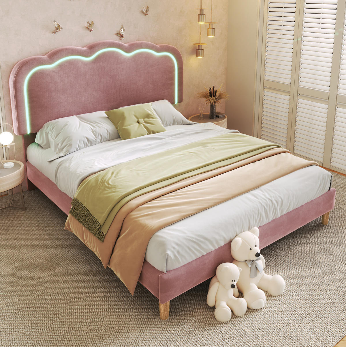 POLSTERBETT aus Samt 140x200 cm in Rosa mit LED-Kopfteil - Rosa, Textil (140/200cm) - Modfu