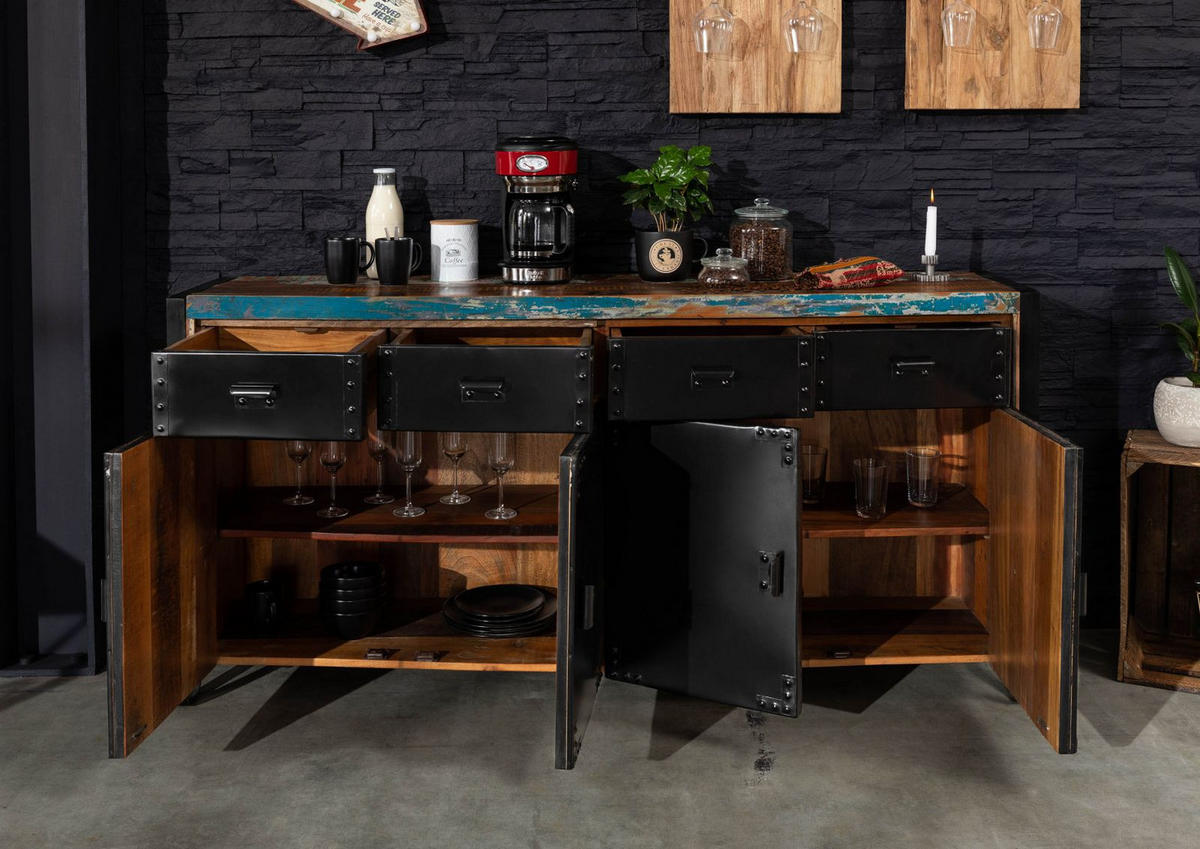SIDEBOARD Altholz 180x43x90 mehrfarbig lackiert INDUSTRIAL #101 - Multicolor, Holz (180/90/43cm) - Massivmoebel24