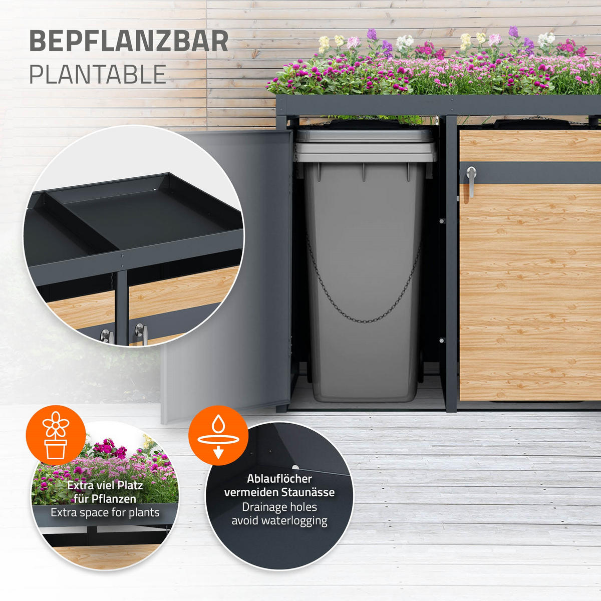 MÜLLTONNENBOX 4er mit Pflanzdach Anthrazit-Lärchenoptik - Hellbraun, Metall (80/124/264cm) - ML-DESIGN