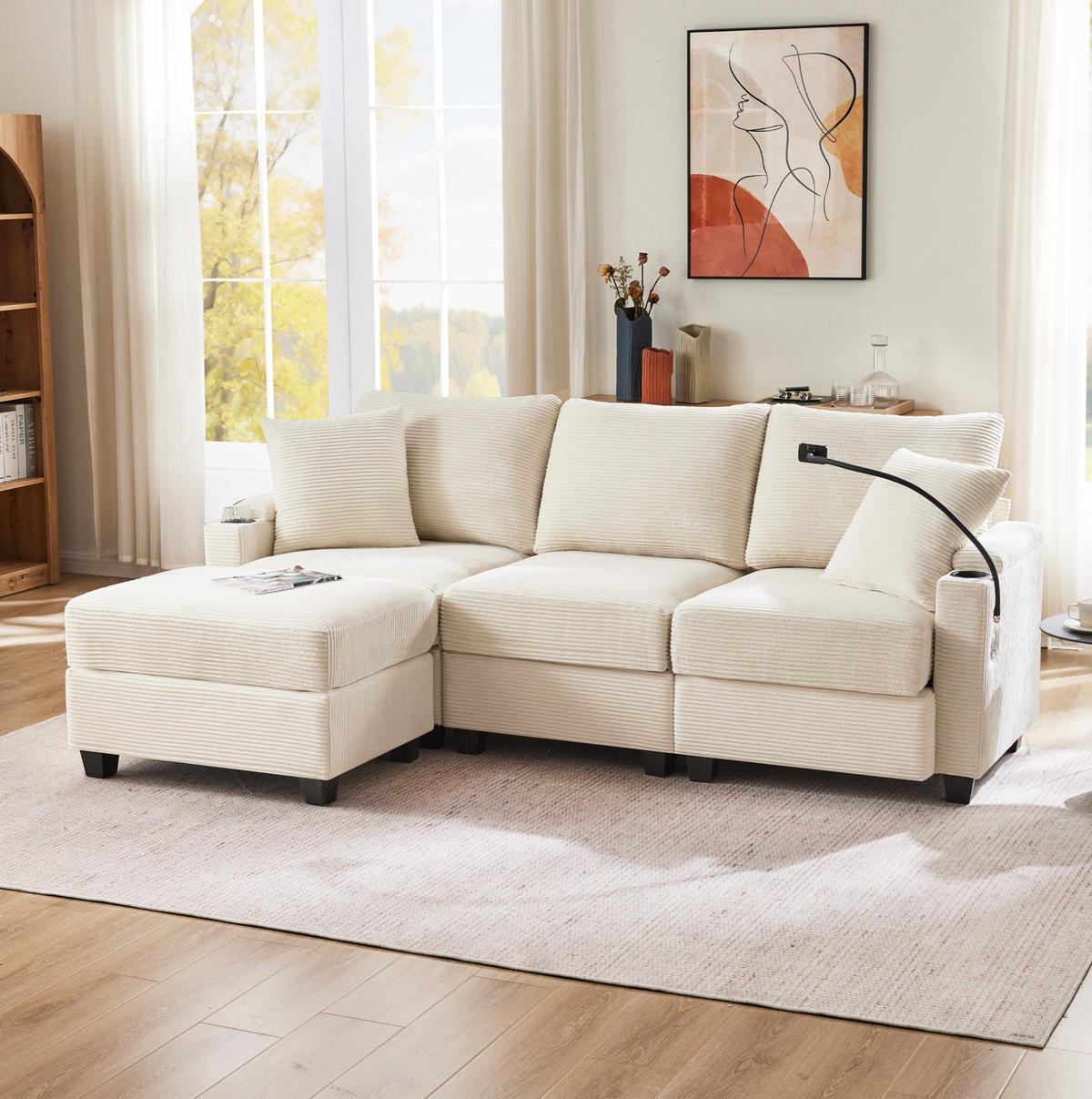 ECKSOFA 213,5/139/87 cm beige aus Cord mit USB-Anschluss und Hocker - Beige, Textil (139/213.5cm) - OKWISH