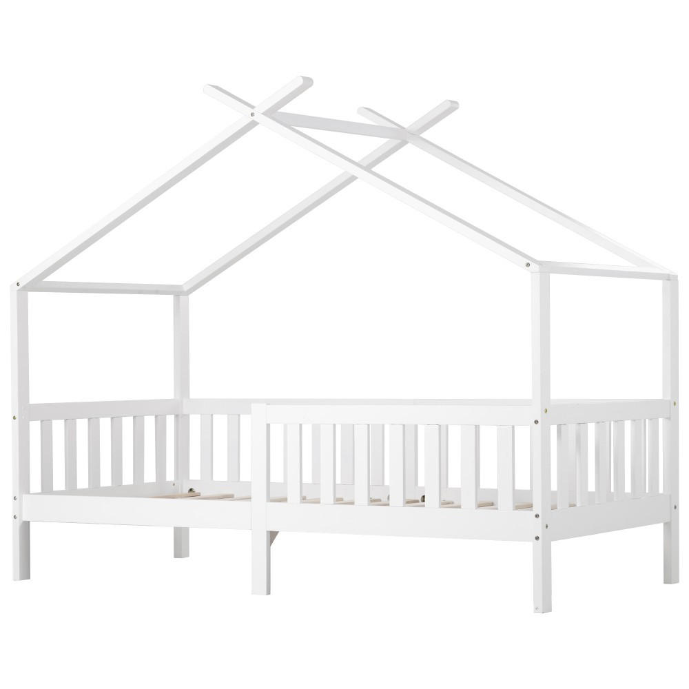 HAUSBETT Kinderbett Massivholz weiß 90x200 cm mit Zaun Absturzsicherung inkl. Lattenrost - Weiß, Holz