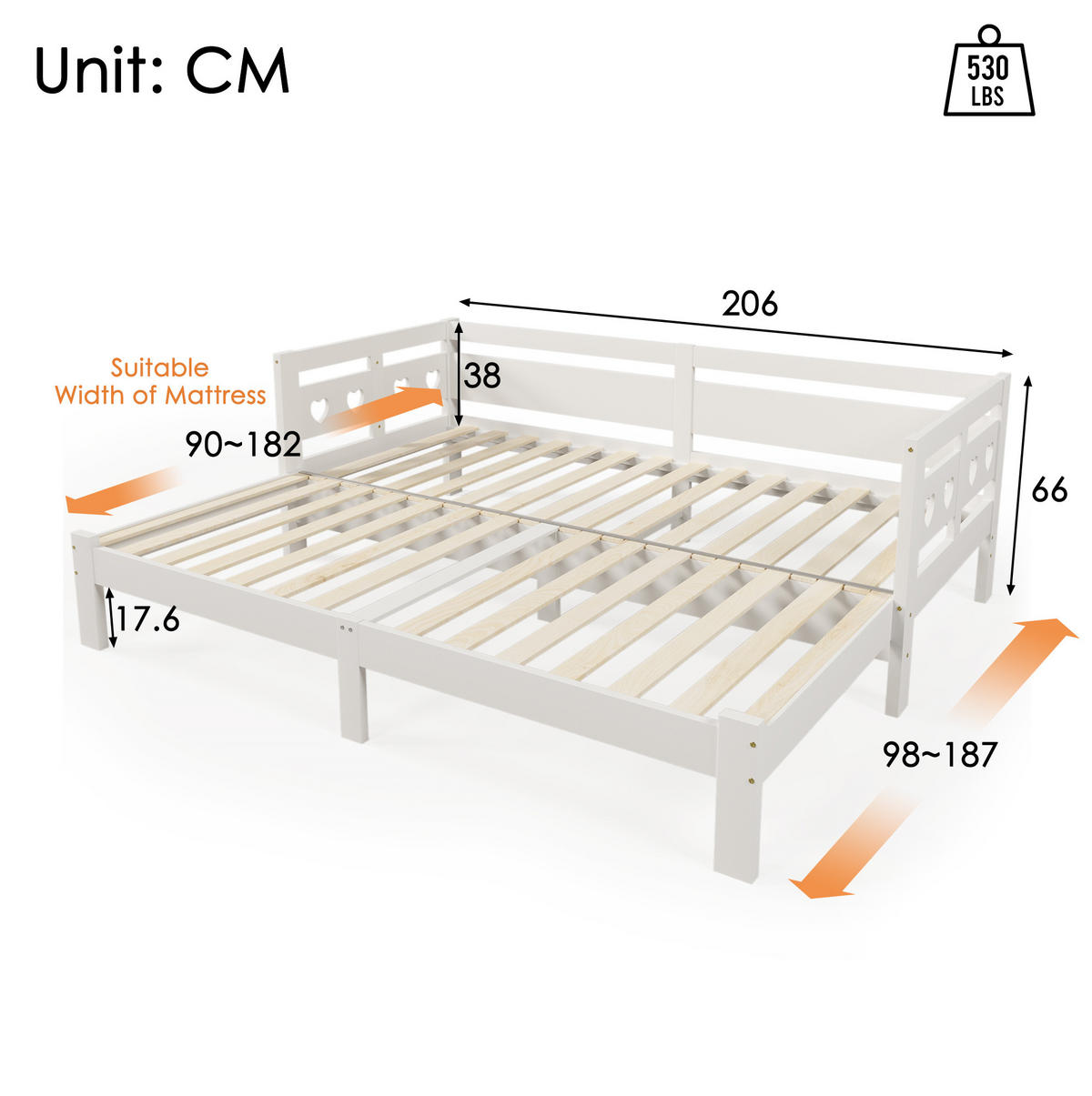BETT aus Kiefer 98-187x206x66 cm in Weiß mit Ausziehfunktion - Weiß, Holzwerkstoff (90/200cm) - Modfu