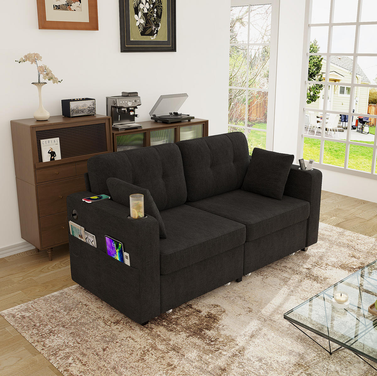 2-SITZER Sofa aus Chenille 172x75x82 cm in Schwarz mit USB & Stauraumschubladen - Schwarz, Textil (75/82/172cm) - Modfu