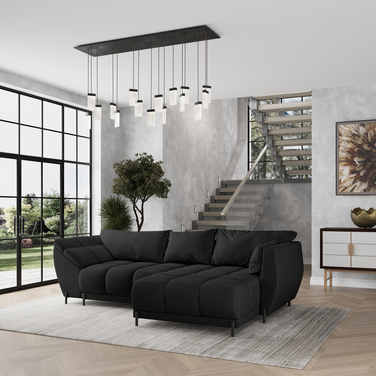 ECKSOFA VESTANO R-S Schwarz Velours-Stoff mit Schlaffunktion - Schwarz, Holz (287/182cm) - MASSENO