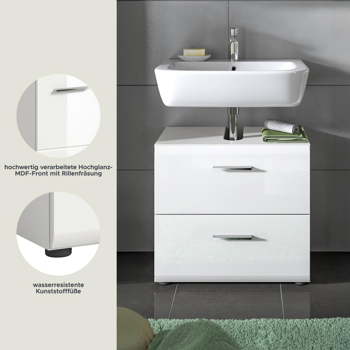 WASCHBECKENUNTERSCHRANK Ice Bad in weiß Nachbildung und weiß hochglanz B/H/T: 60x55x30 cm - Weiß, Holz (60/54/32cm)