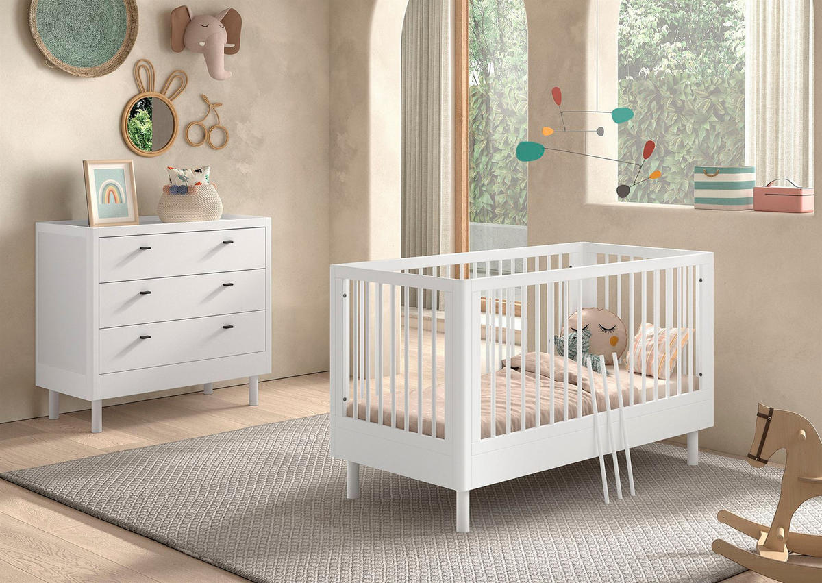 BABYBETT SET 70x140 Keeley Buche Weiß Holz Kommode Komfort Stabil - Weiß, Holz (74/88/144cm) - 58aufmkessel
