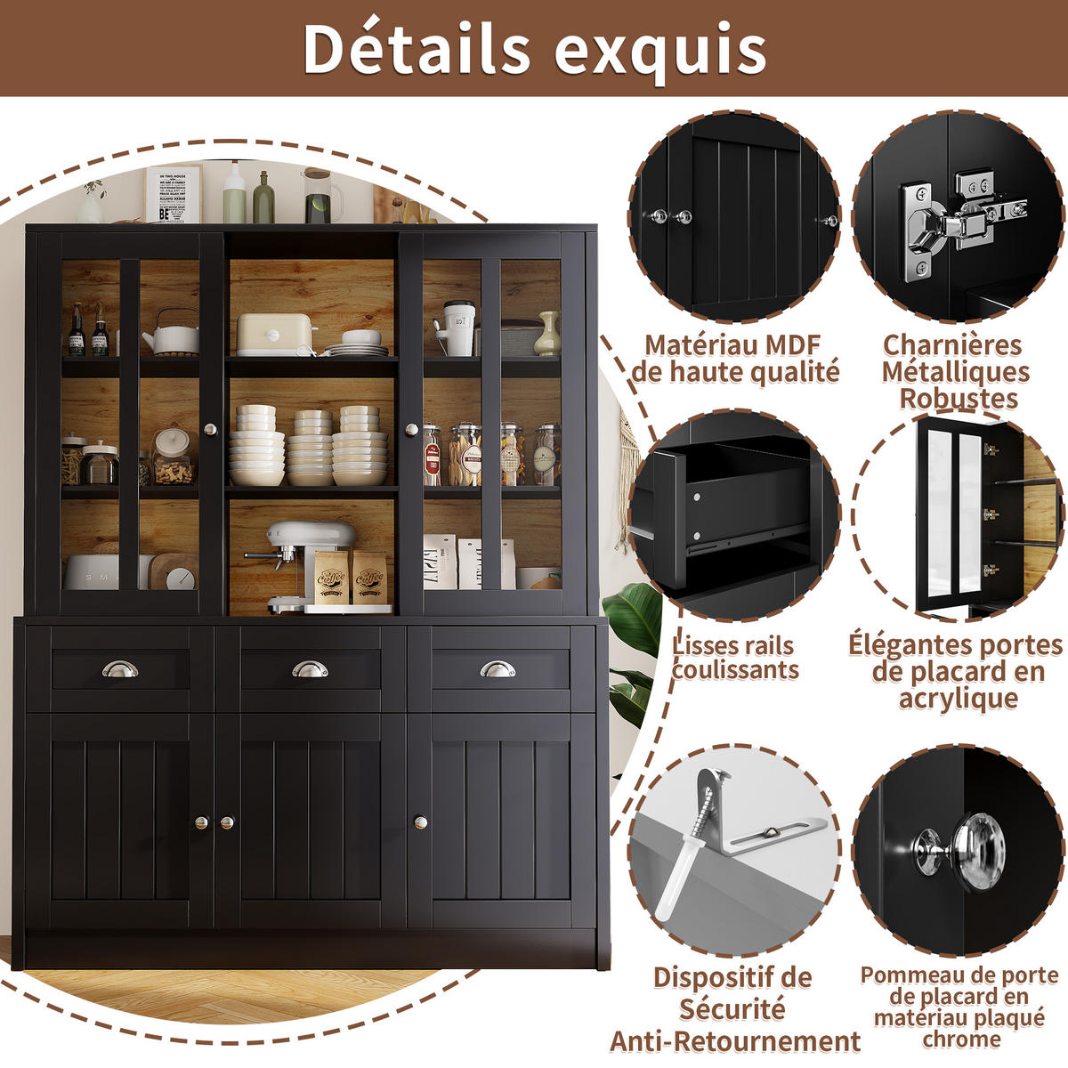 MODERNER Hochschrank mit Acryl-Türen und verstellbaren Böden, 140/38,5/175 cm, Schwarz - Schwarz, Holzwerkstoff (140/175/38.5cm) - Redom