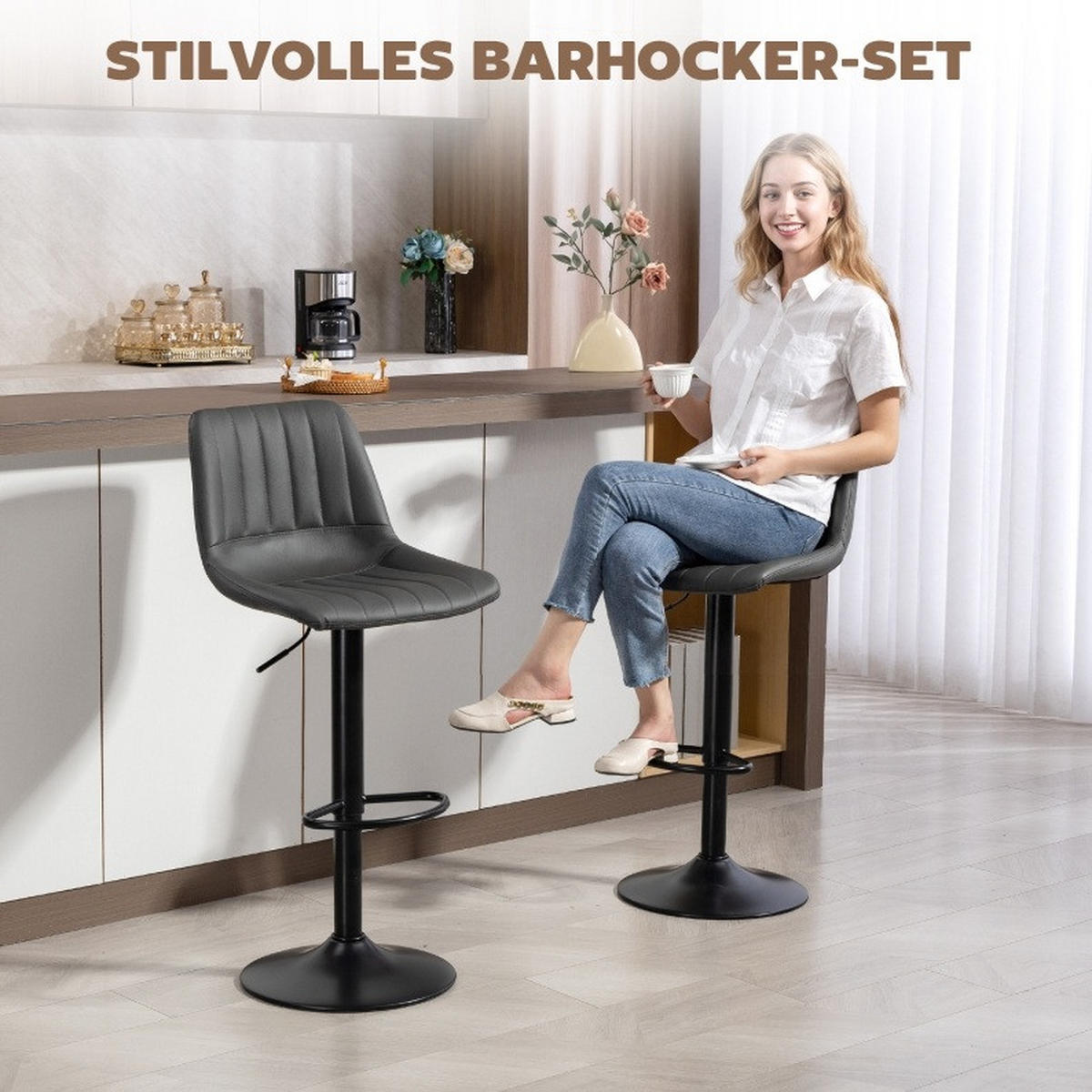 BARHOCKER 2er-Set höhenverstellbar 43 x 49,5 x 91-111 cm Kunstleder Dark Gray - Dunkelgrau, Metall (49.5/111/43cm) - Meubliv