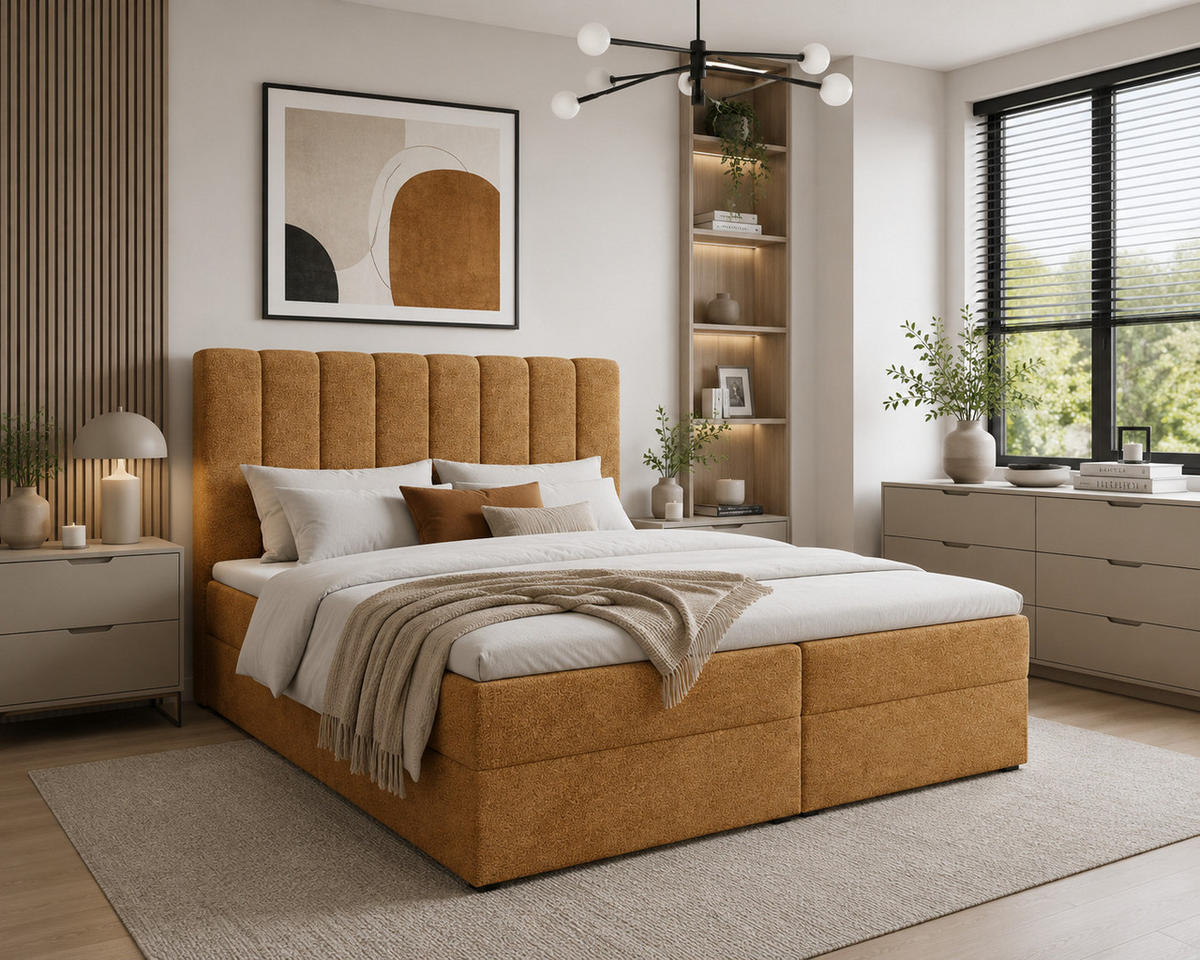 BOXBETT 01 160 x 200 cm - Arena – Stilvoll und bequem Mit Bettkasten, PU-Topper, Federmechanismus, waschbarer Bezug - Goldfarben, Holz (160/200cm) - ROYAL24_MARKT
