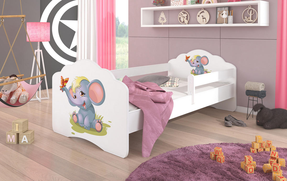 KINDERBETT Casimo weiß / Motiv Elefant 88 / 164 / 63cm - Grau/Grün, Holz/Holzwerkstoff (80/160cm) - Feldmann-Wohnen