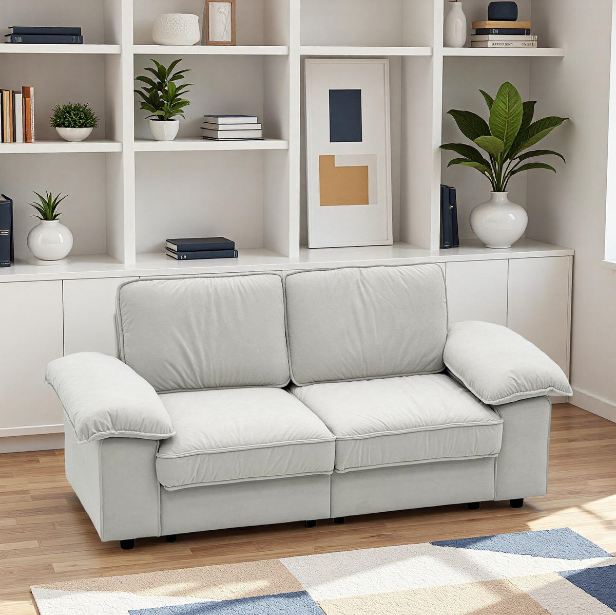 SOFA mit Stauraum Kurzplüsch-Polyester Bezug und Taschenfederkern 201/91/89 cm Creme - Creme, Textil (91/89/201cm) - Redom