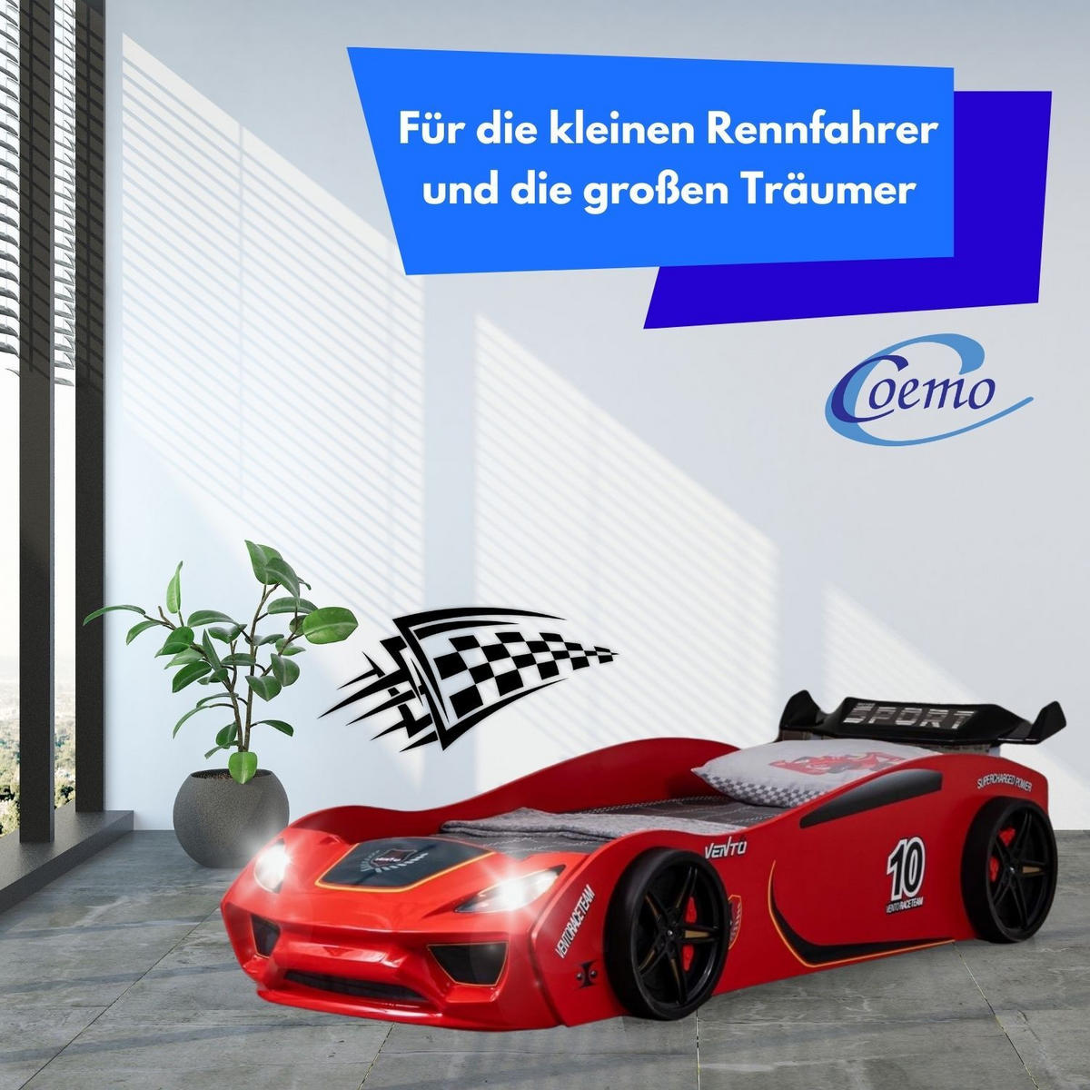 AUTOBETT VENTO Kinderbett in Rot mit Lattenrost - Rot, Holzwerkstoff (90/200cm) - Coemo