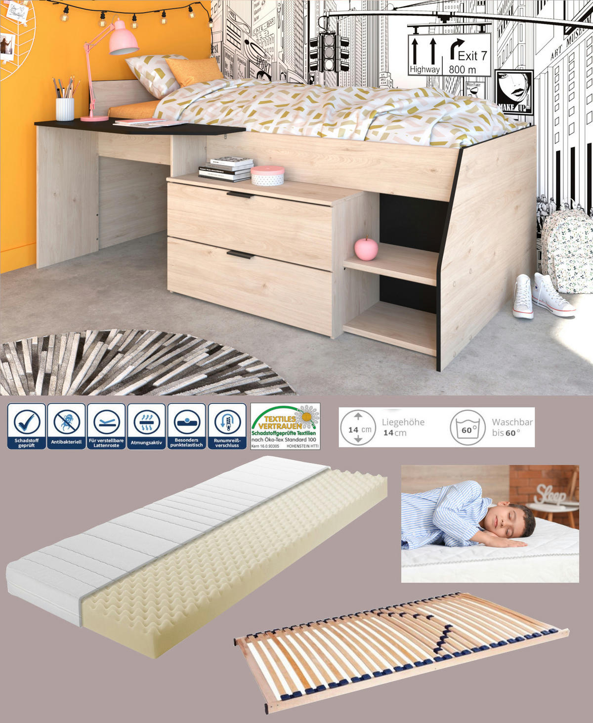 HOCHBETT Milky 2 in Schwarz- Jackson Eiche 90 x 200 cm mit Lattenrost und Matratze - Eichefarben/Schwarz, Holz (90/200cm) - Parisot Meuble