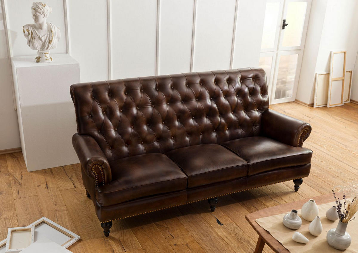 SOFA 3-Sitzer Echtleder 196x84x94 braun CHESTERFIELD #107 - Braun, Leder (196/94/84cm) - Massivmoebel24