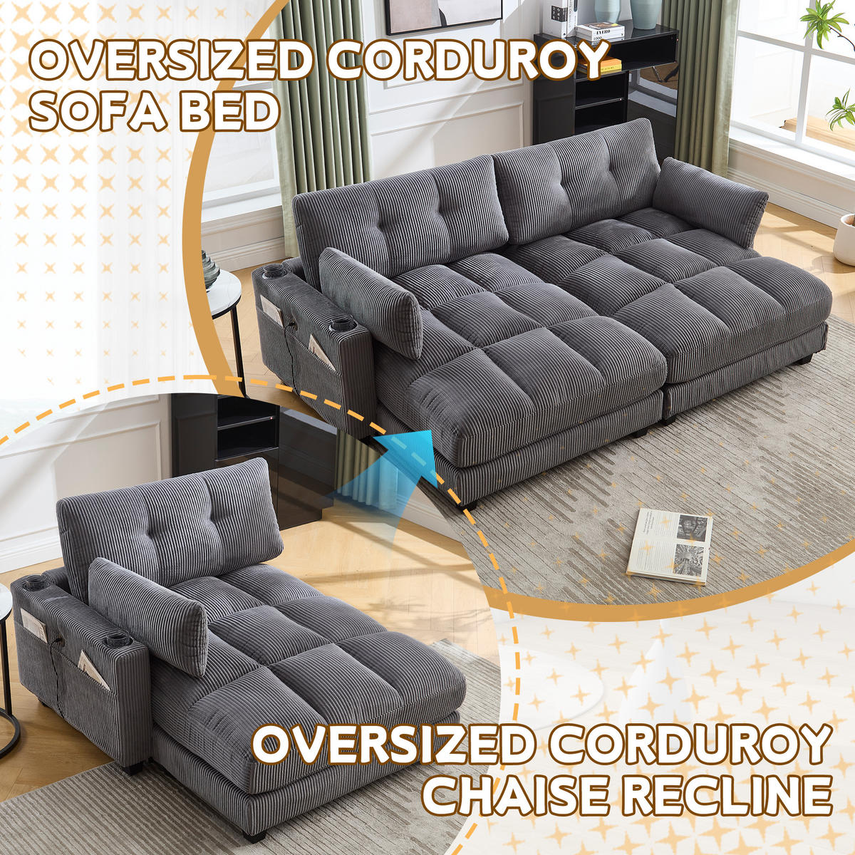RÉCAMIERE 2-Sitzer Cord Grau mit USB, Getränkehaltern und Seitentasche - Grau, Holzwerkstoff/Kunststoff (140/81/121cm) - WISHDOR