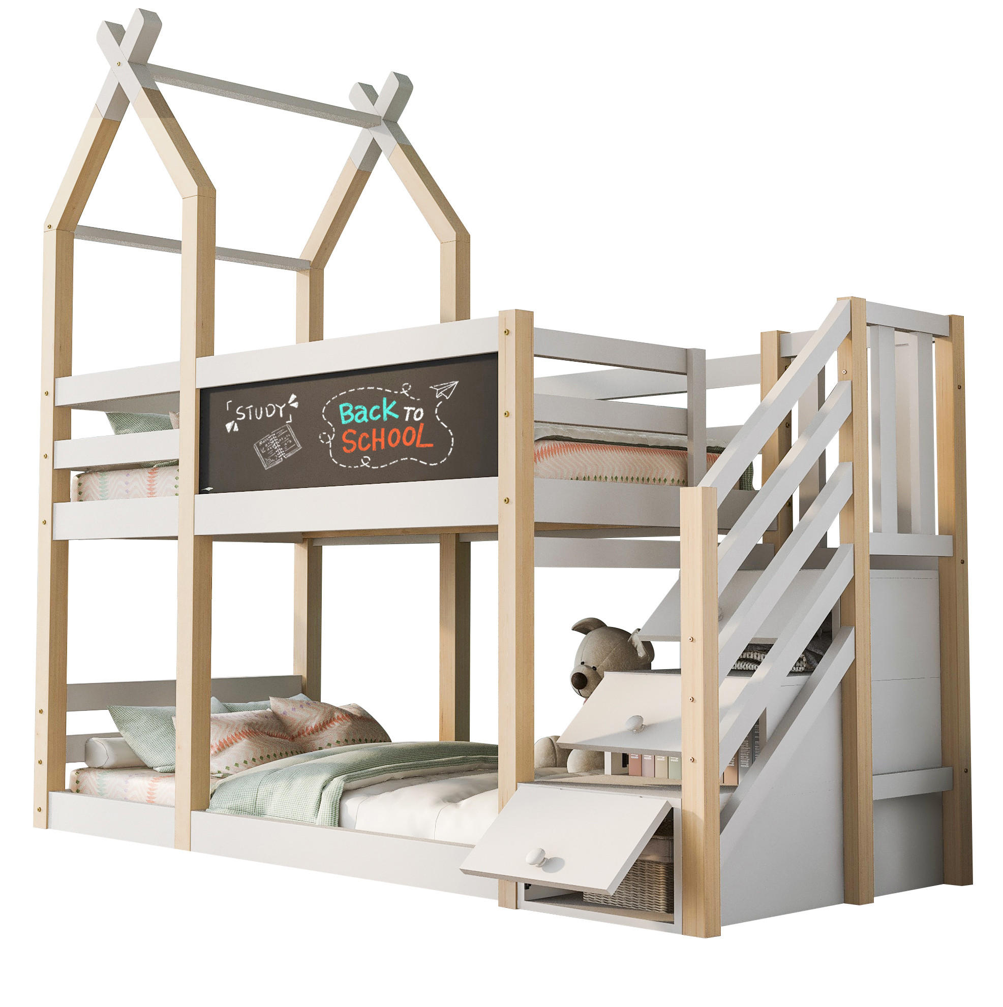 ETAGENBETT 90/200 cm Weiß Baumhaus Design mit Tafel und Rausfallschutz - Weiß, Holzwerkstoff (90/200cm) - OKWISH