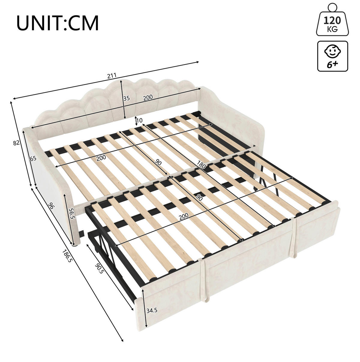 BETT 90/200 cm Beige aus Samt mit Bett und LED-Lichtleiste - Beige, Textil (90/200cm) - OKMYHOME
