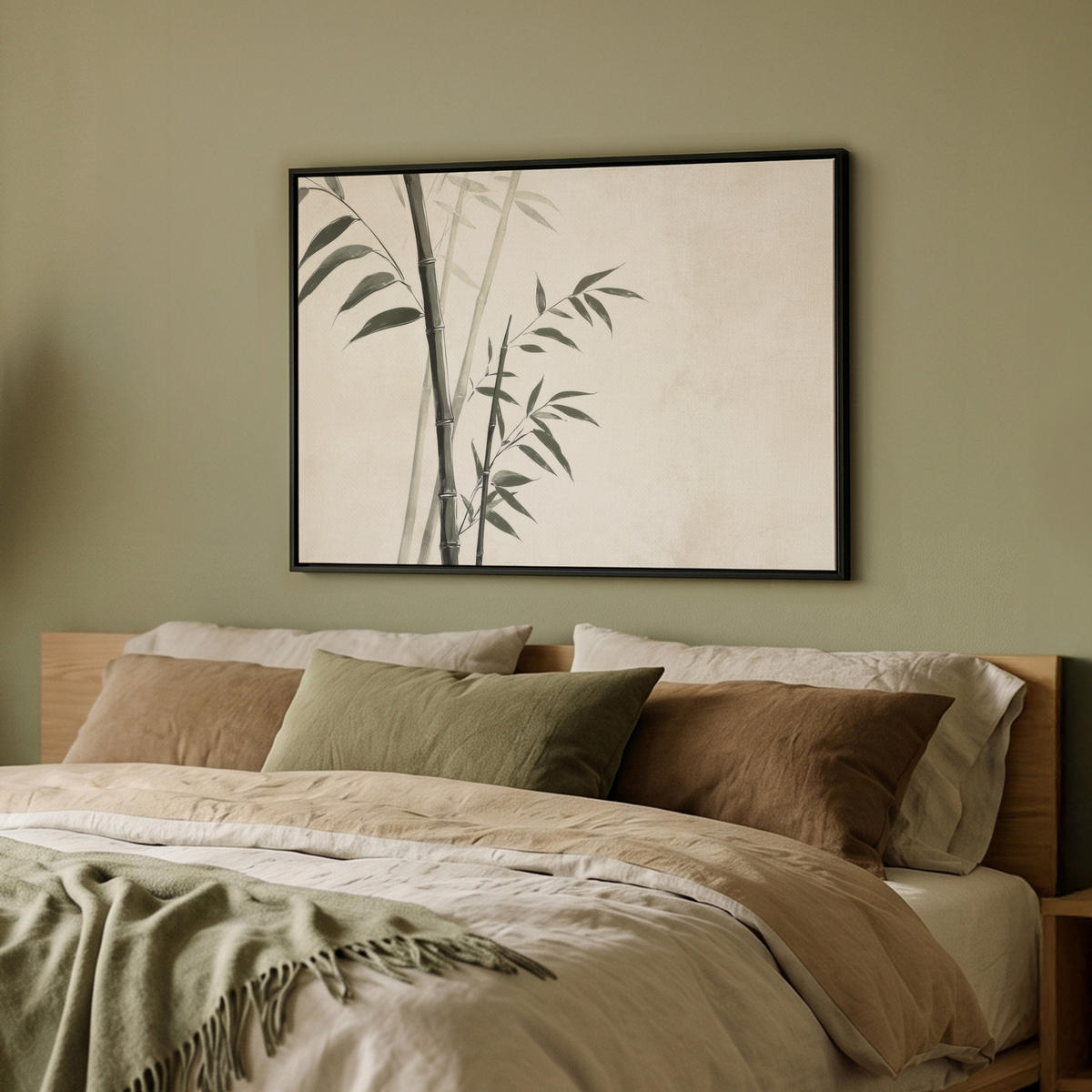 LEINWAND Bilder mit Rahmen - Japandi - Bambus - Beige - 80x60 - Eukalyptusholzfarben, Textil (80/60cm) - MuchoWow