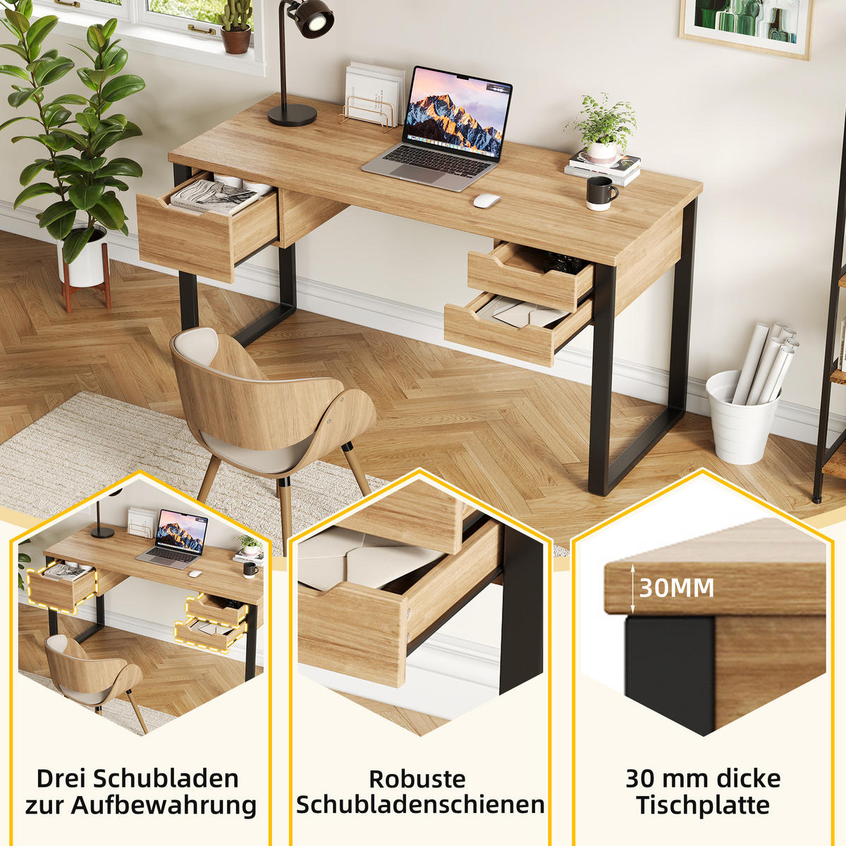 SCHREIBTISCH Holzfarben und Schwarz 130/55/76 cm mit 3 Schubladen - Schwarz, Holzwerkstoff (55/130/76cm) - PANGIVO