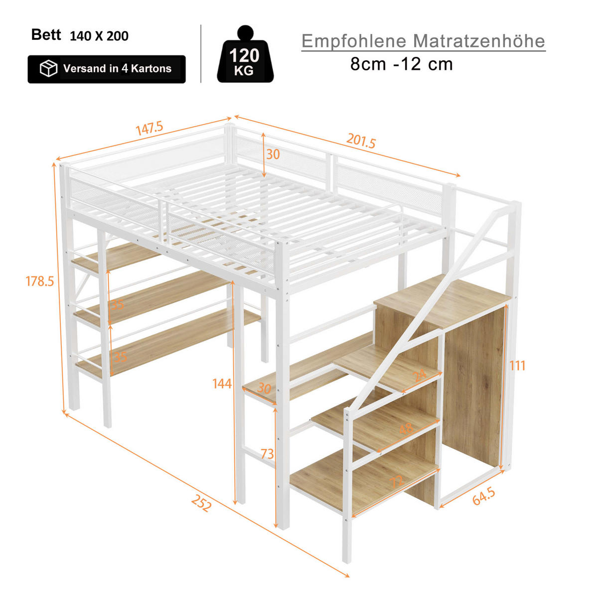 HOCHBETT 140/200 cm in Weiß mit Schreibtisch, Regal, Kleiderschrank und Treppe - Weiß, Metall (140/200cm) - Flora Grace
