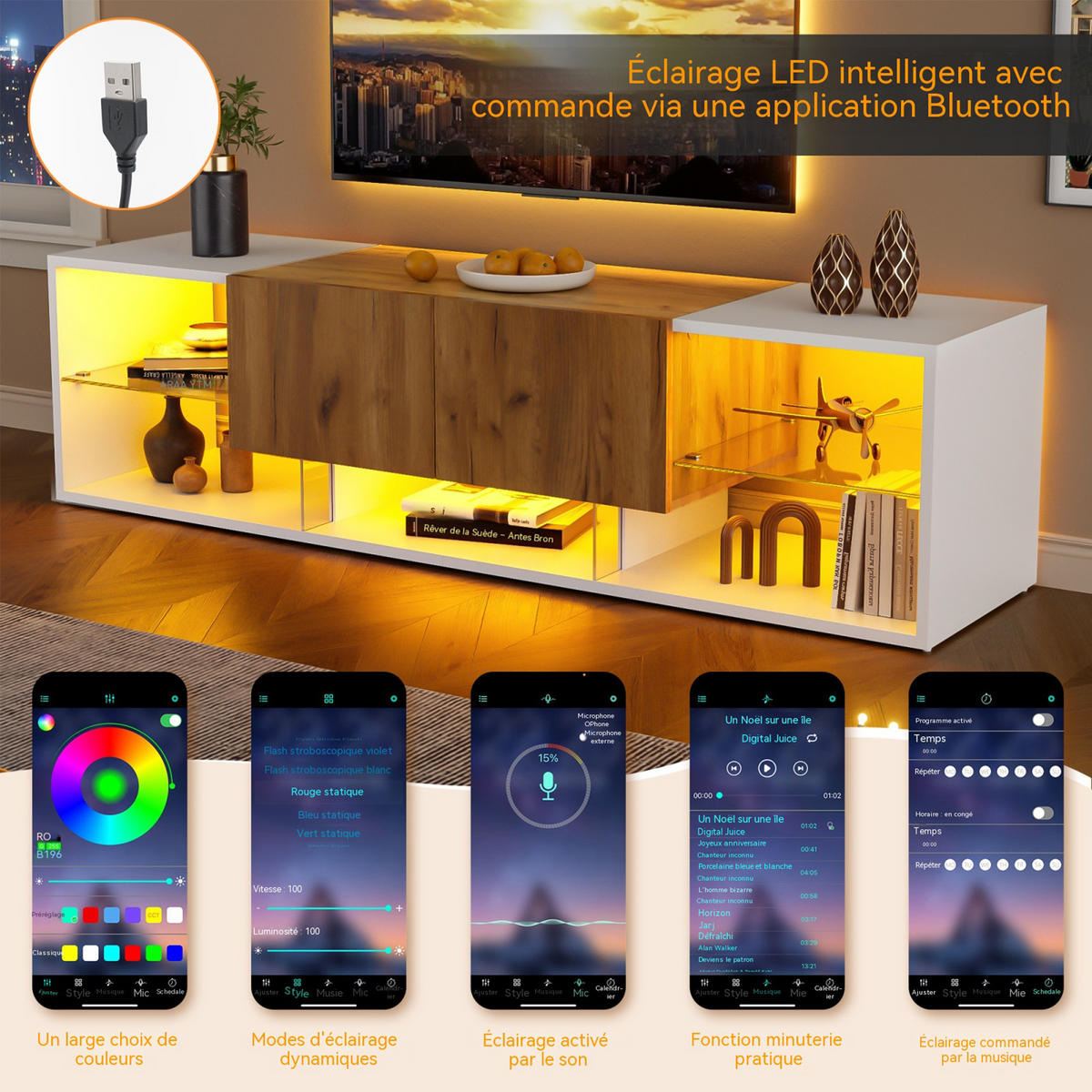 TV-ELEMENT mit Stauraum, LED und 2 Schubladen, moderner Stil, 160 x 40 x 42 cm - Multicolor, Glas/Holz (40/42/160cm) - GENKI LIVING