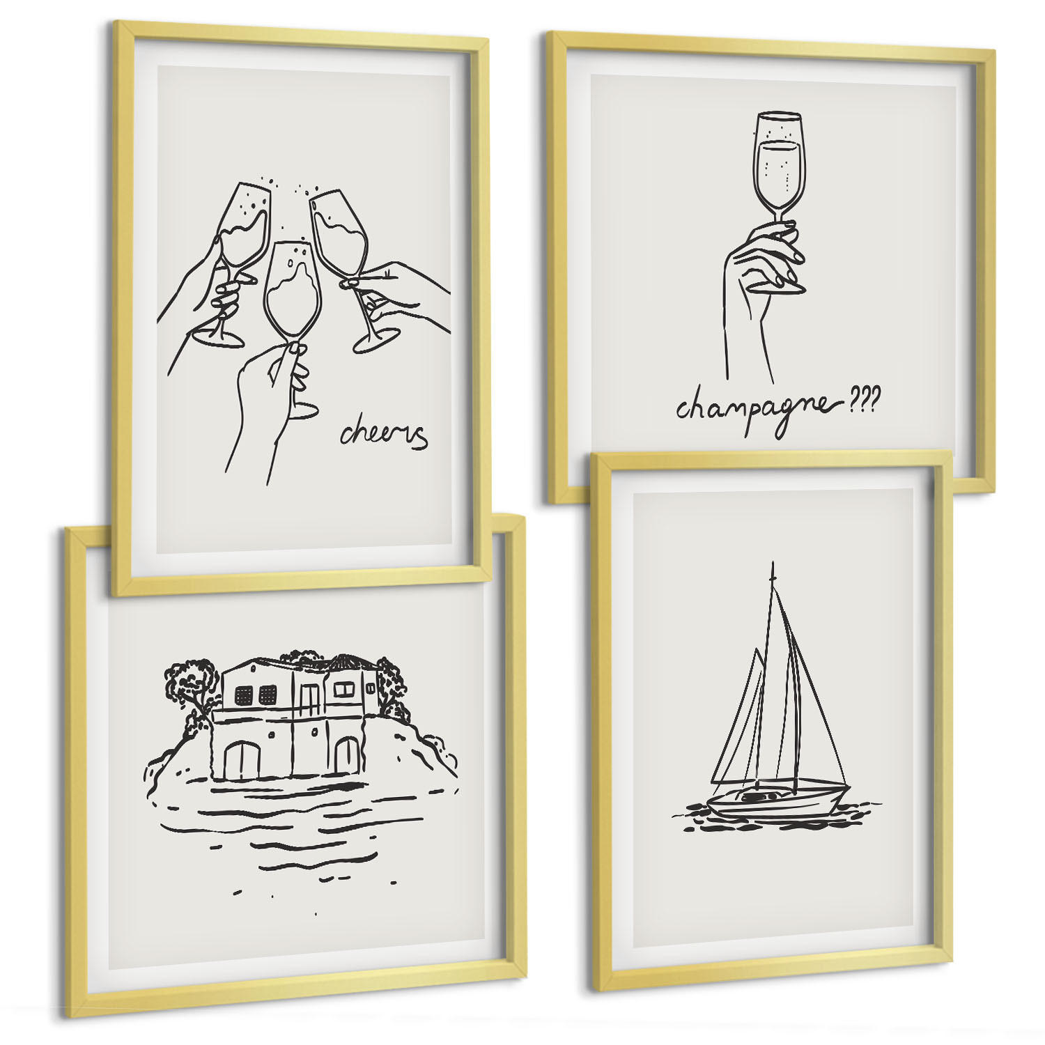 BILDER SET 4er Set - 50x50 cm & 40x60 cm Goldrahmen - Haus am Wasser, Toastsegelboot - Goldfarben, Kunststoff (50/50cm) - TULUP