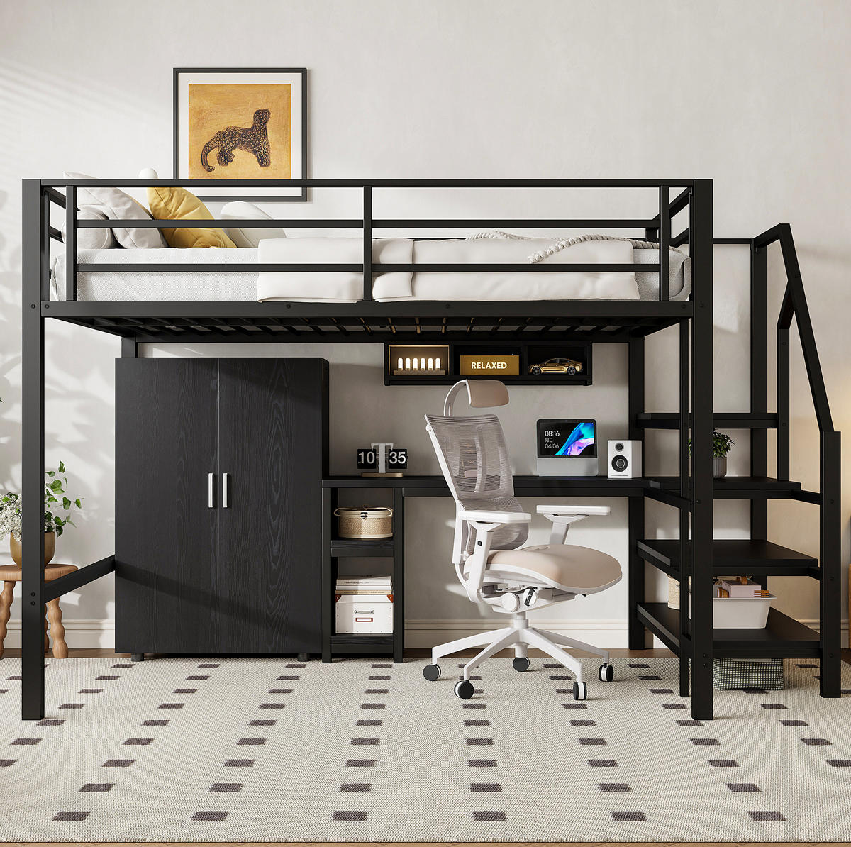 HOCHBETT 140/200 cm Schwarz aus Metall und MDF mit Schreibtisch - Schwarz, Metall (140/200cm) - OKMYHOME