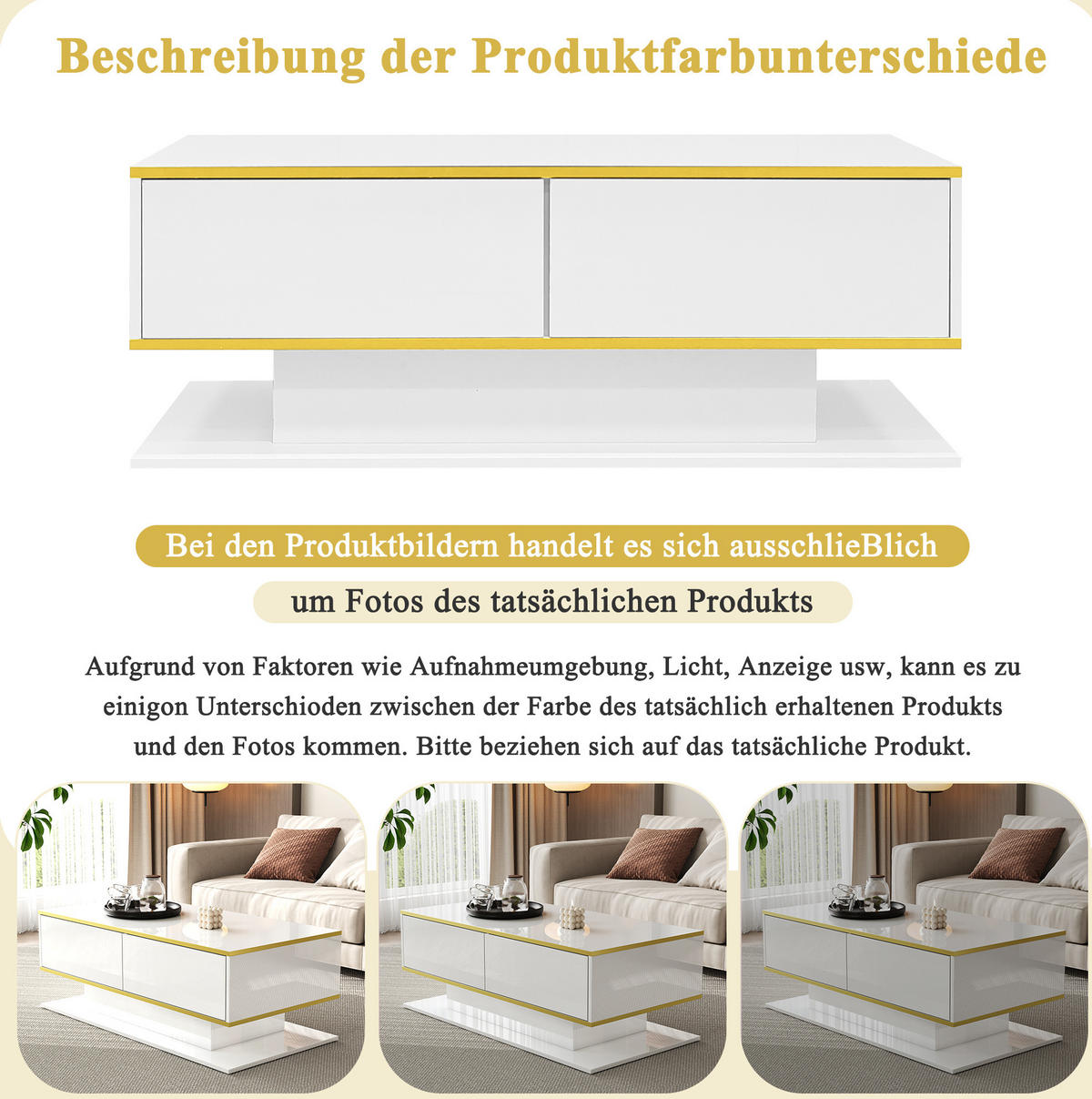 COUCHTISCH 100/50/40 cm mit LED-Beleuchtung, 3 Schubladen und offenem Fach, Hochglanz mit Golddekor, Weiß/Gold - Weiß, Holzwerkstoff (100/50/40cm) - Redom