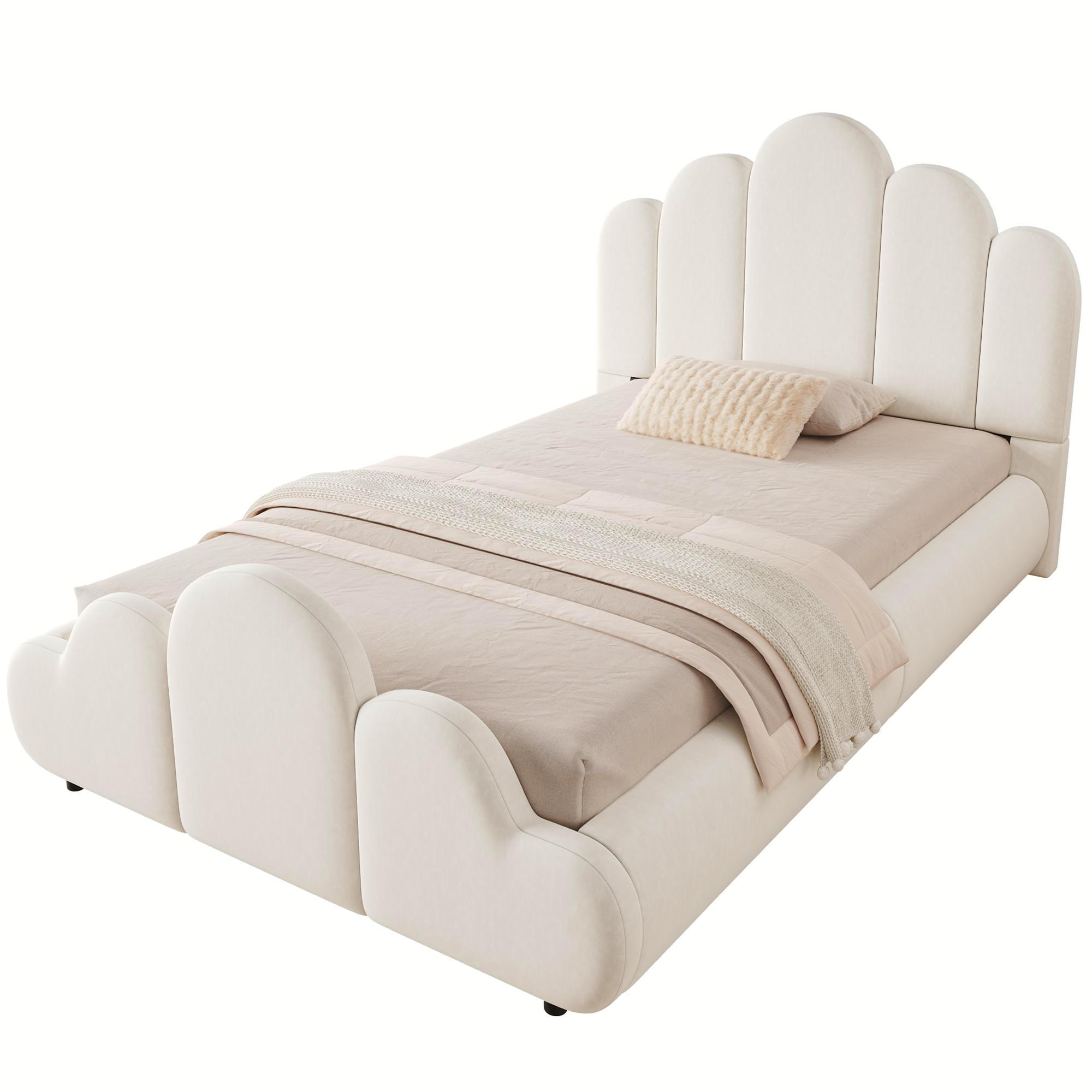 POLSTERBETT 90/200 cm in Beige mit Lattenrost, rundum abgerundeten Kanten und Wolken-Design aus Samt - Beige/Schwarz, Holzwerkstoff/Textil (90/200cm) - STILVORA
