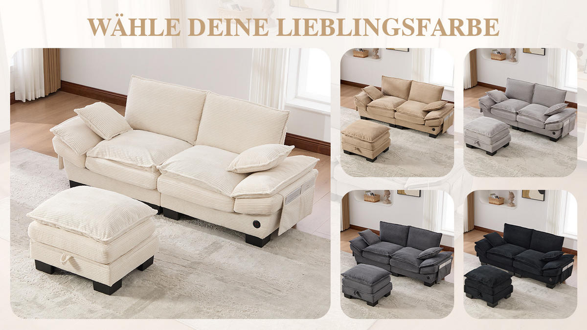 2-SITZER Sofa aus Corduroy 190x132x84 cm mit Hocker & USB-C, beige - Beige, Textil (132/84/190cm)