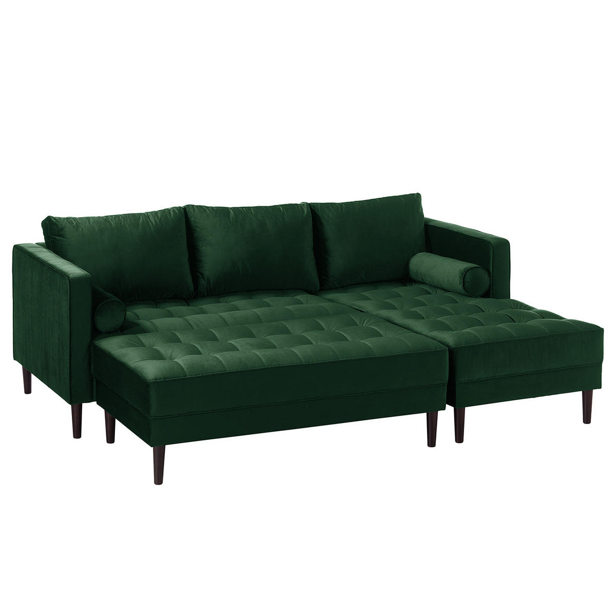 ECKSOFA - Samt - Dunkelgrün/Dunkelbraun, Birkenholz/Textil (201/155cm) - home24