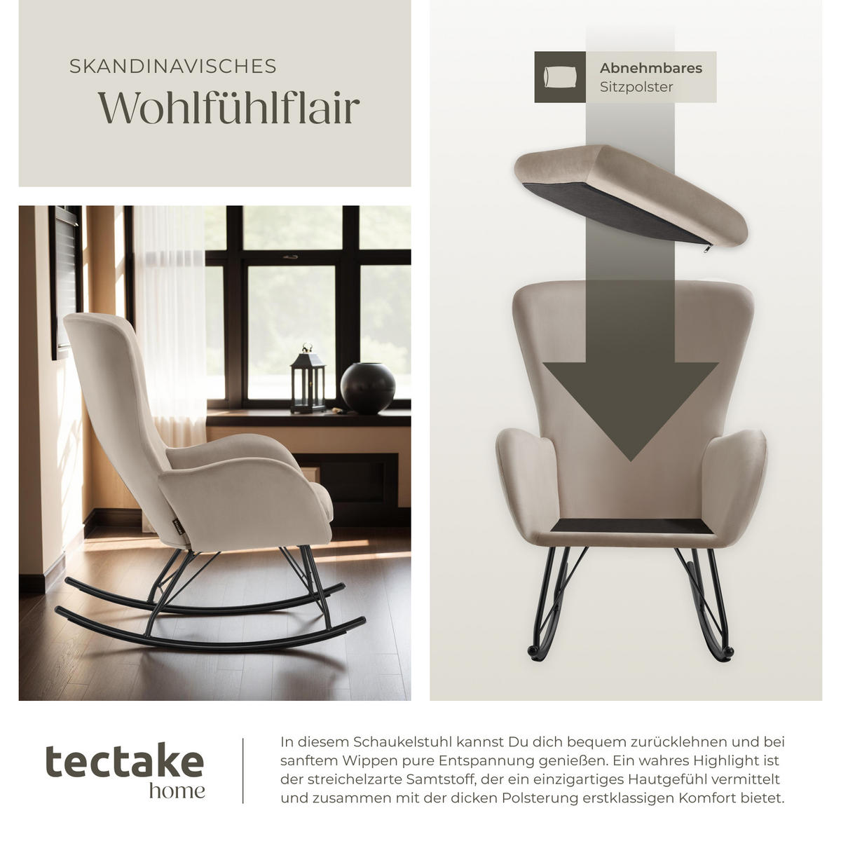 SCHAUKELSTUHL Swing,70 x 93 x 100 cm, Belastbarkeit 120 kg,schwarz/taupe - Taupe/Schwarz, Kunststoff (70/100/93cm) - tectake