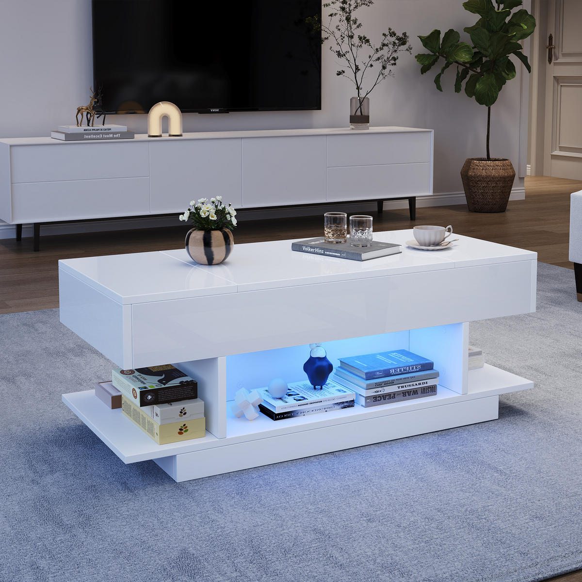 COUCHTISCH 98/45/40 cm Weiß mit Lift-Tischplatte und LED-Beleuchtung - Weiß, Holzwerkstoff (98/45/40cm) - OKWISH