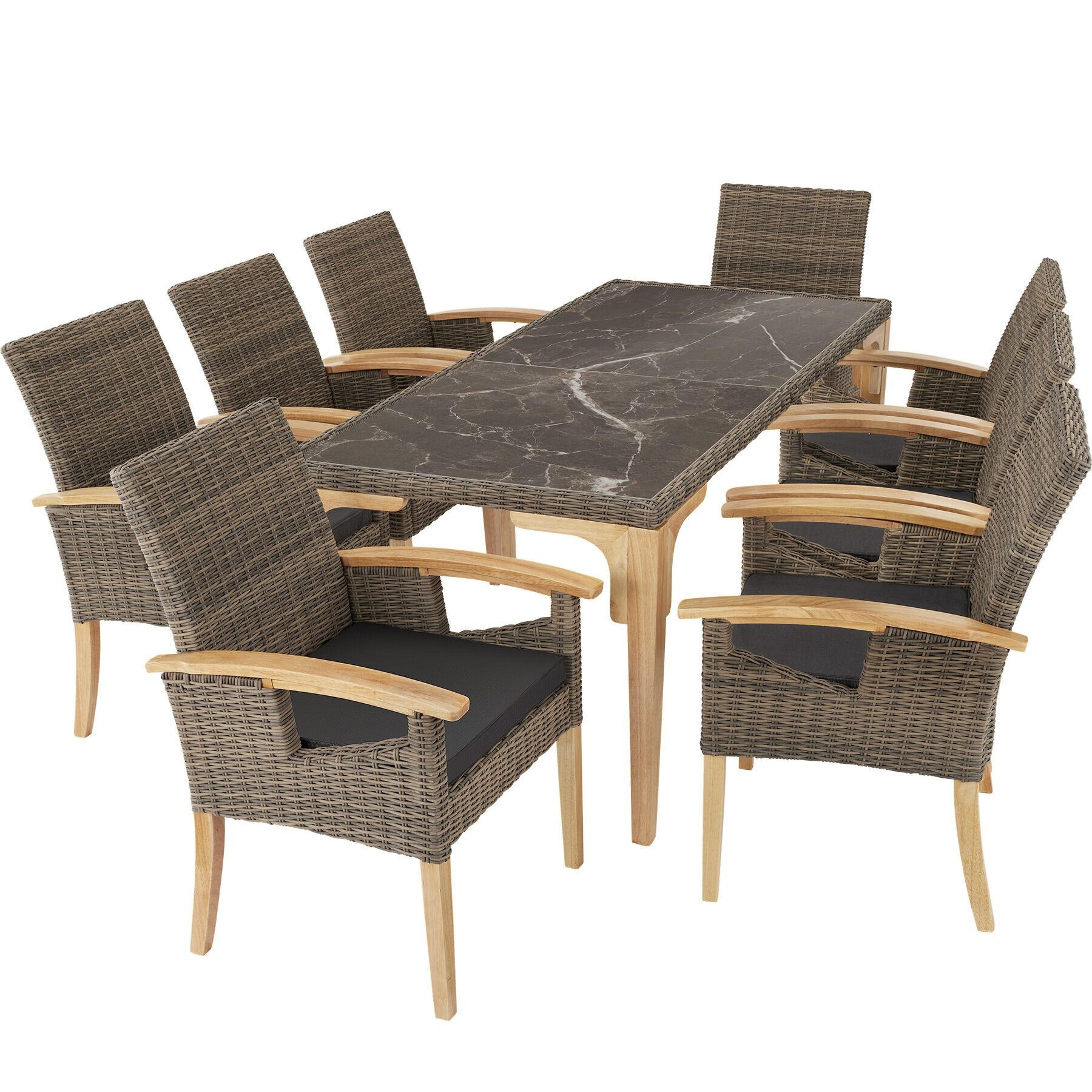 GARTENTISCH Foggia mit 8 Stühlen Rosarno, Armlehnen und Beine aus Holz, natur - Naturfarben, Kunststoff - tectake
