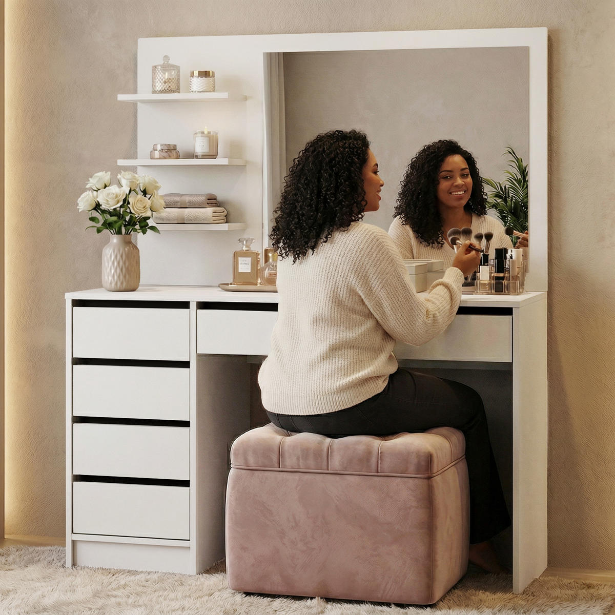 SCHMINKTISCH Malta mit 5 Schubladen, mit Spiegel, grifflos, Weiß - Weiß, Holzwerkstoff (120/145.5/57cm) - Beautysofa