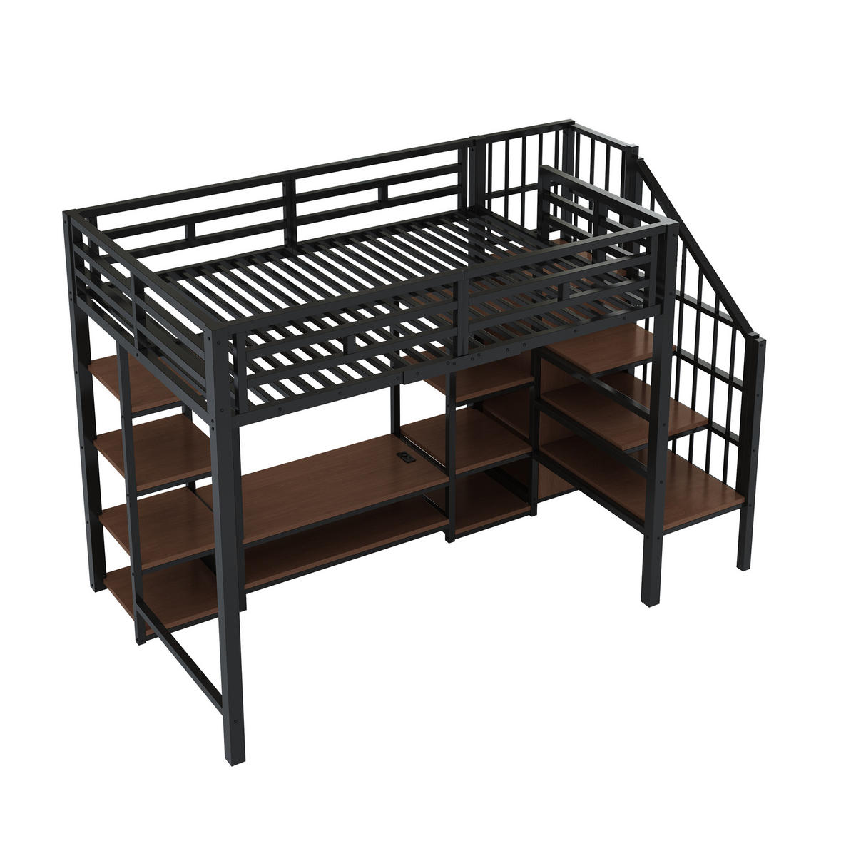 HOCHBETT 90/200 cm schwarz mit TV-Ständer, Steckdose und Sicherheitsleiter - Schwarz, Metall (90/200cm) - OKWISH