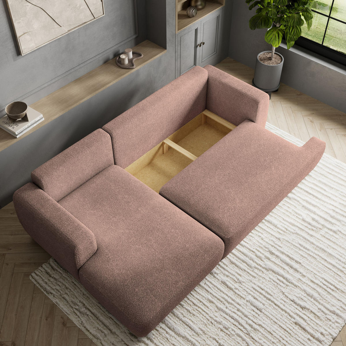 ECKSOFA SENTI N L-S Rosa Boucle-Stoff mit Schlaffunktion - Rosa, Holz (246/148cm) - MASSENO