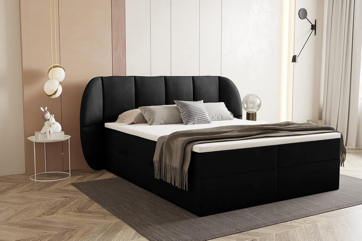 BOXBETT 160x200 cm, BILBAO, Elegant dekoratives Kopfteil, Mit Bettkasten und Taschenmatratze, Schwarz - Schwarz, Holzwerkstoff/Kunststoff (160/200cm) - Trada