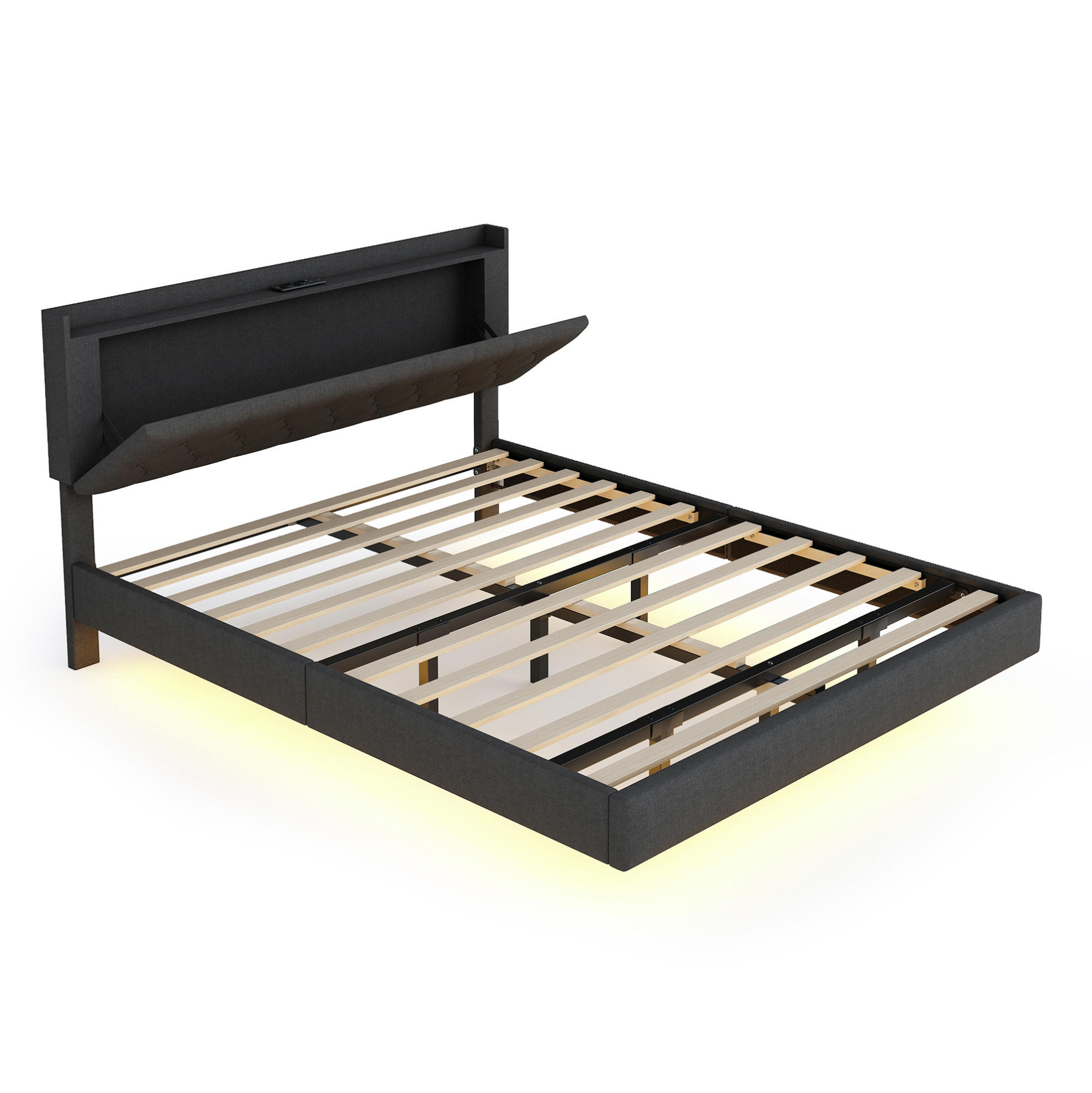 POLSTERBETT 160/200 cm aus Leinenstoff mit LED-Lichtleiste, USB-Anschluss und Stauraum, Grau - Grau, Textil (160/200cm) - Redom