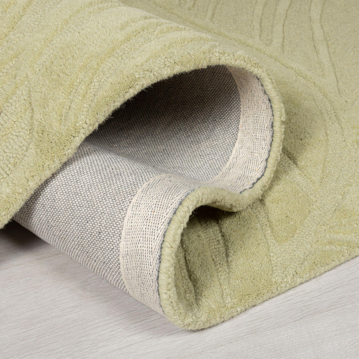 WOLLTEPPICH Blatt-Design, handgetuftet LEVEN LEE, Grün-Beige 60x230 cm - Grün, Textil (60/230cm) - KADIMA DESIGN